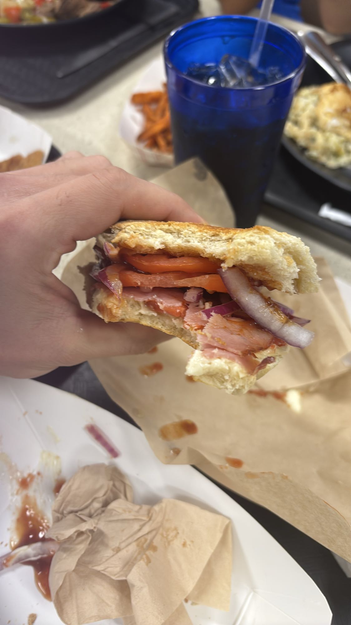 sándwich doble de jamón y verduras (uno sin kétchup)