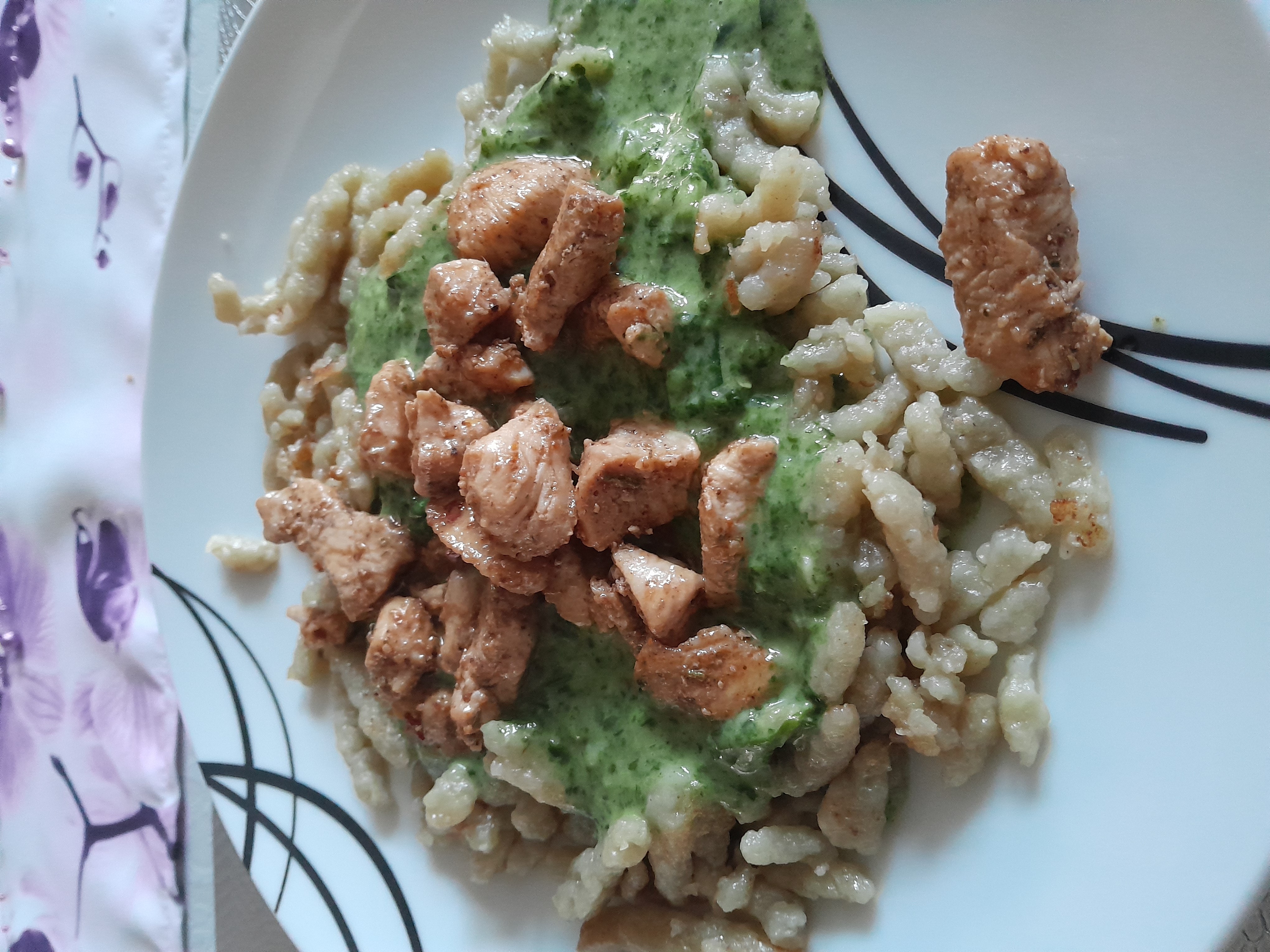 Chicken with spaetzle and herb sauce
