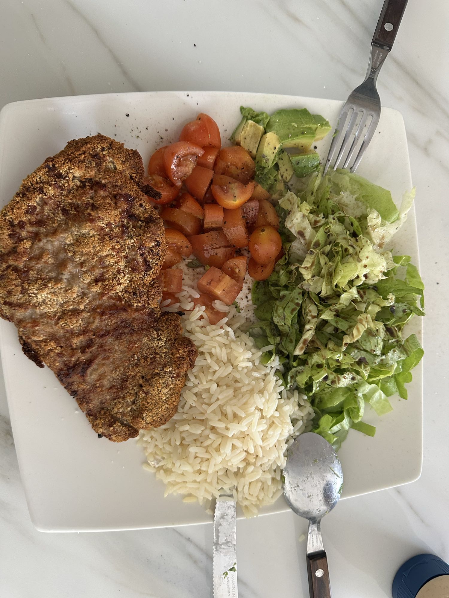 Milanesa con arroz y ensalada