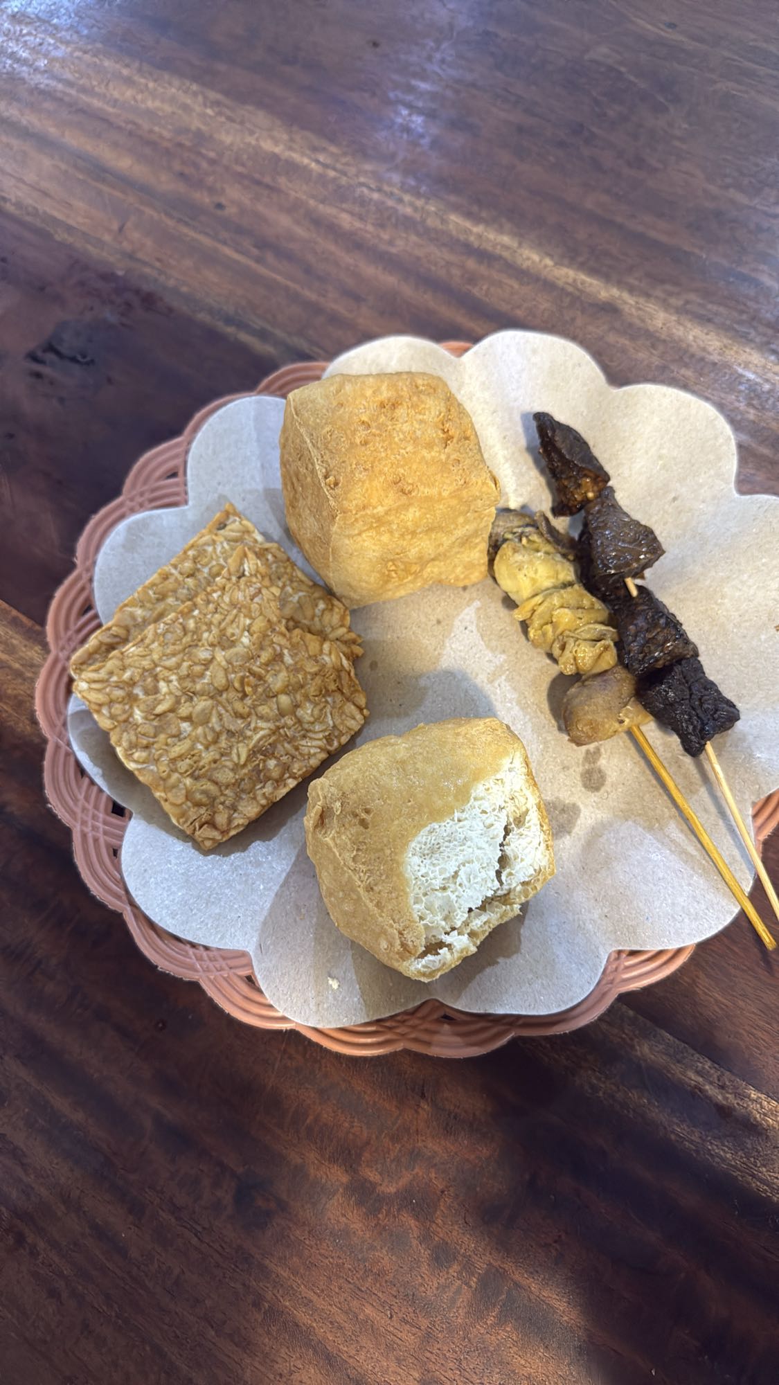 Fried tofu & tempeh skewers