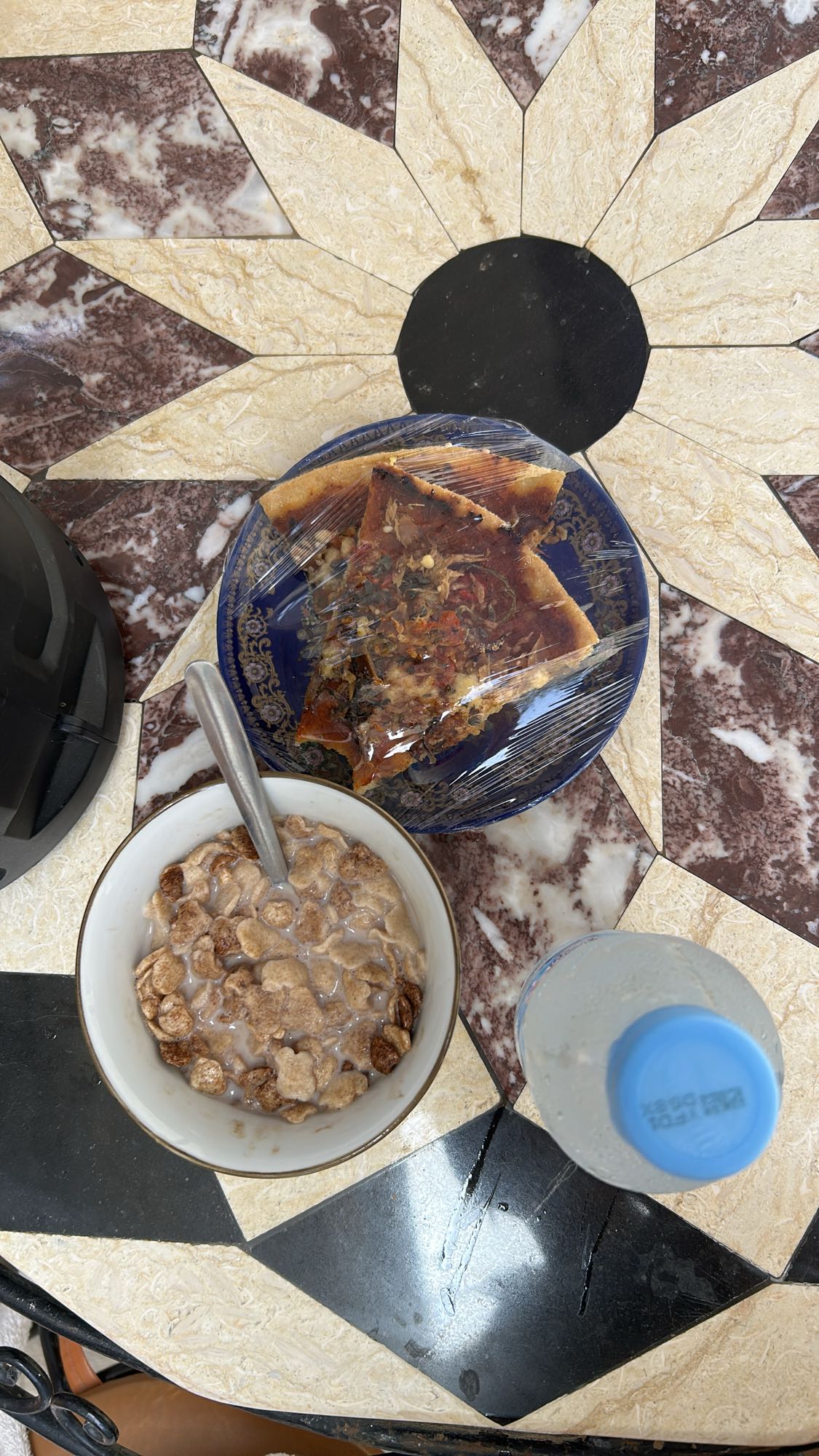 Pizza, cereal, and water