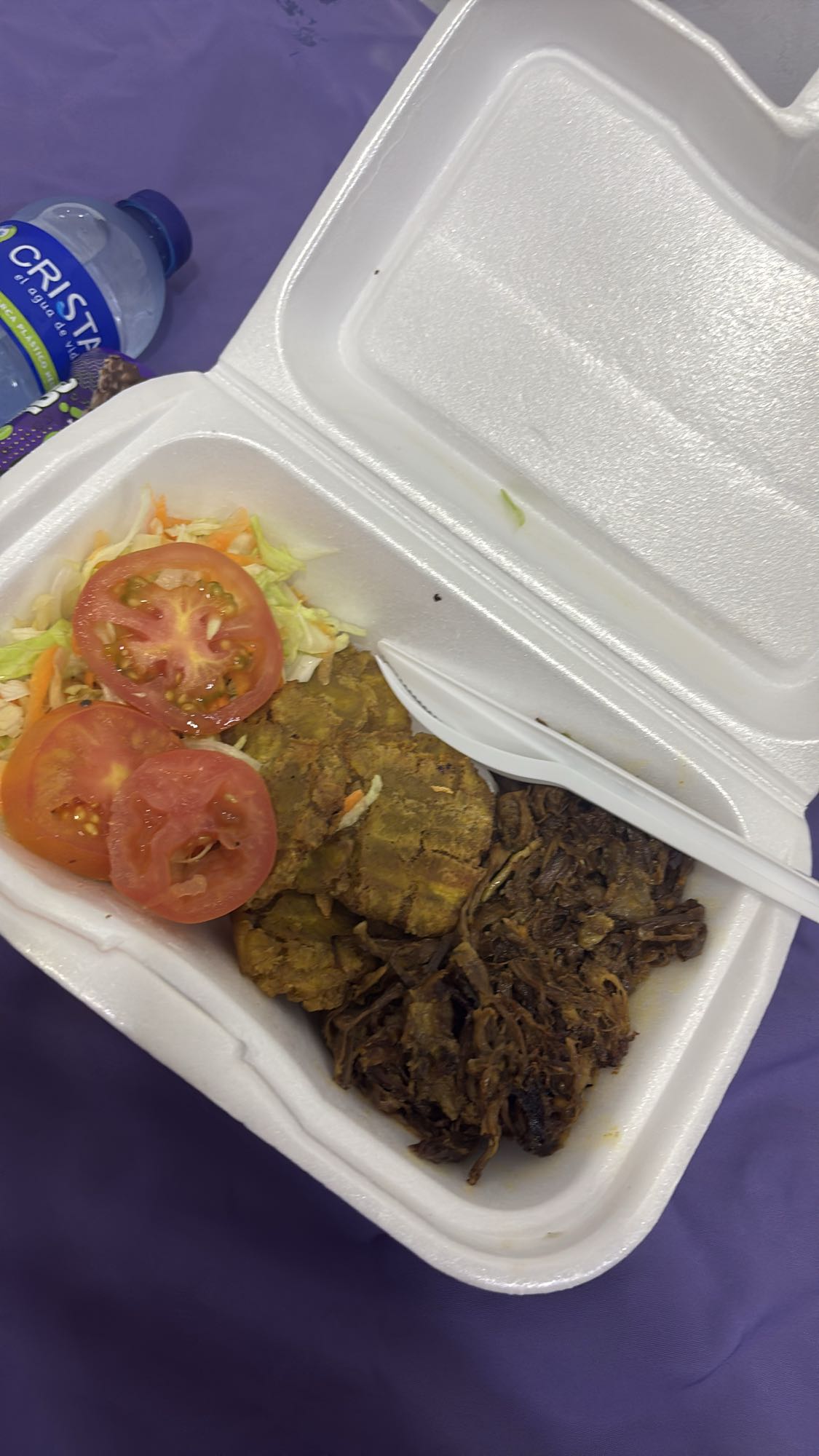 Carne con tostones y ensalada