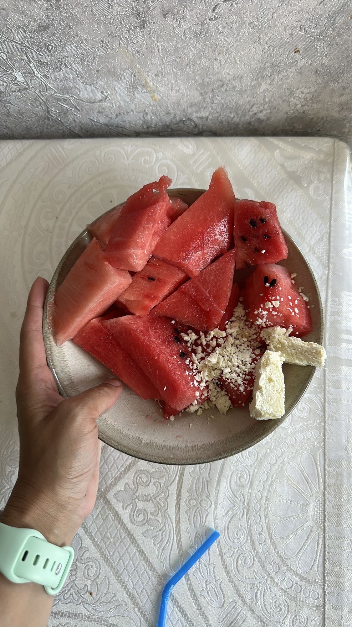Watermelon with white cheese