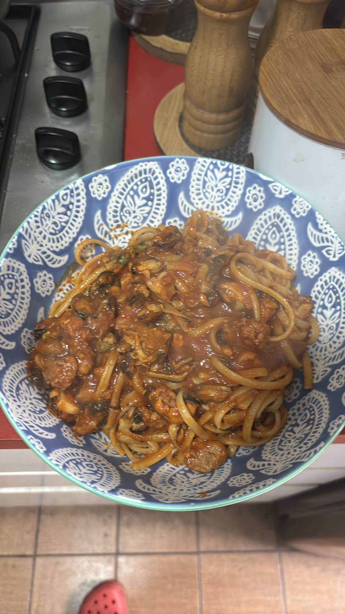 pasta con salsa de mariscos