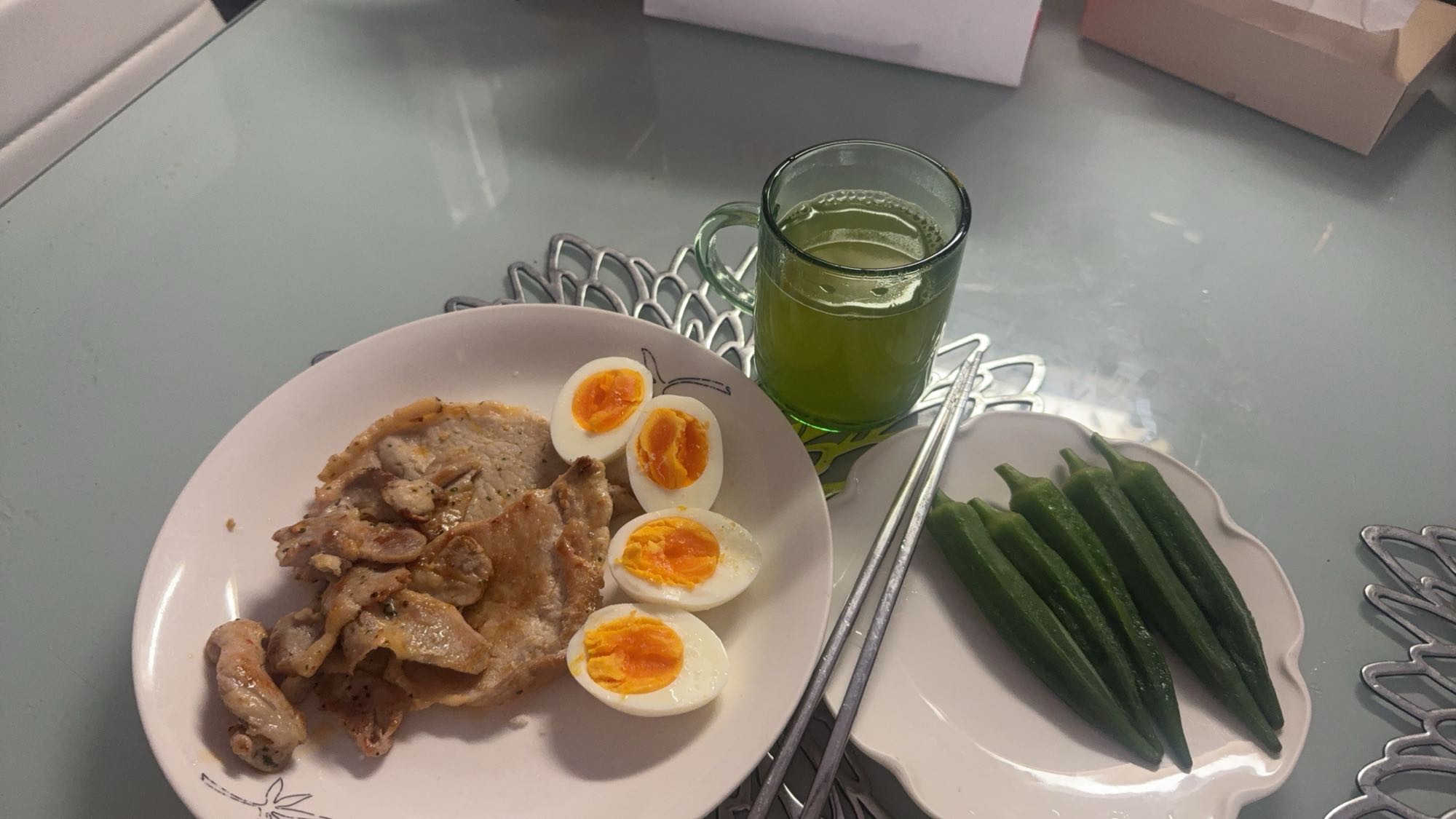 Egg, pork, okra & green tea