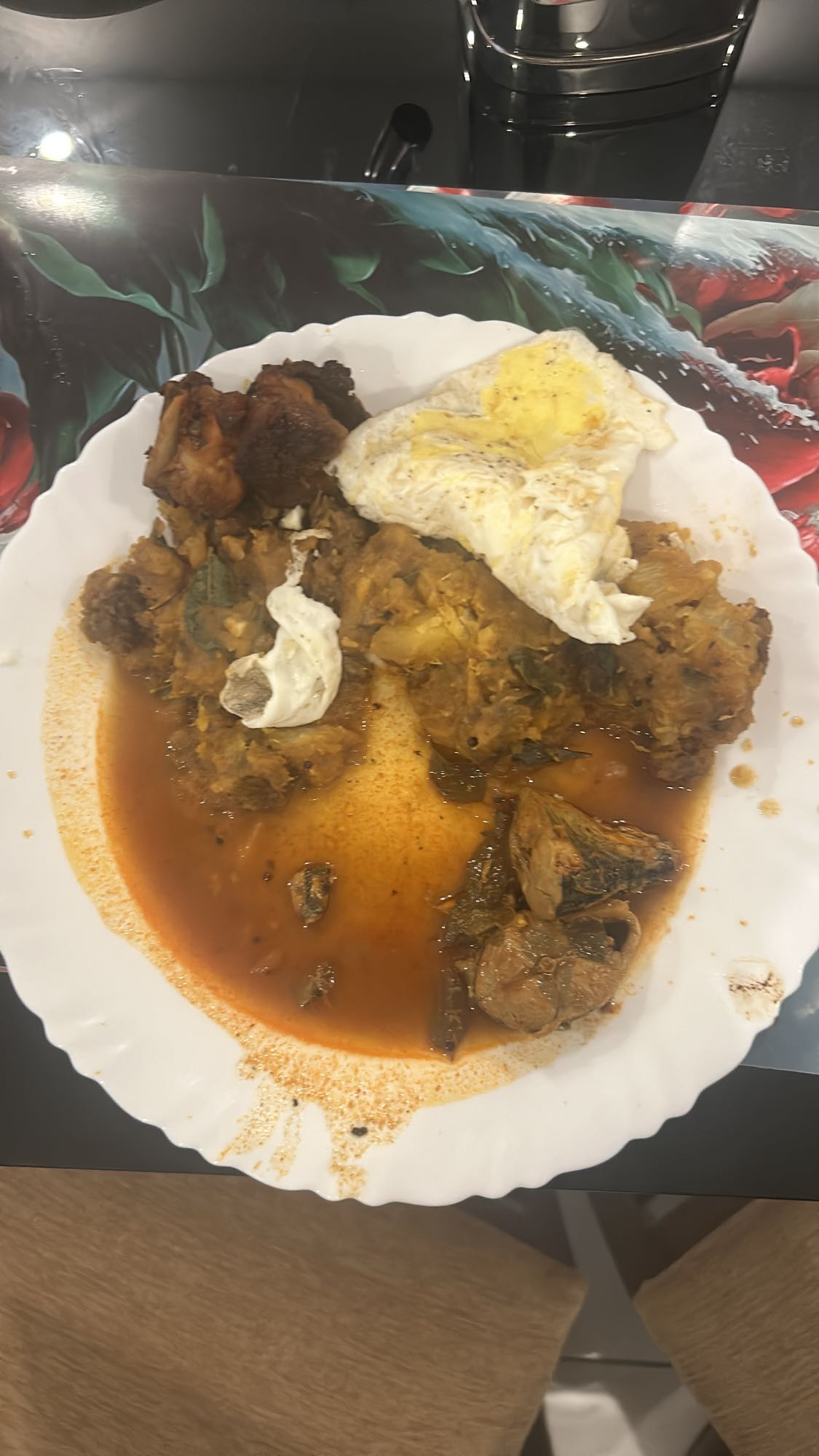 Egg and meat stew plate
