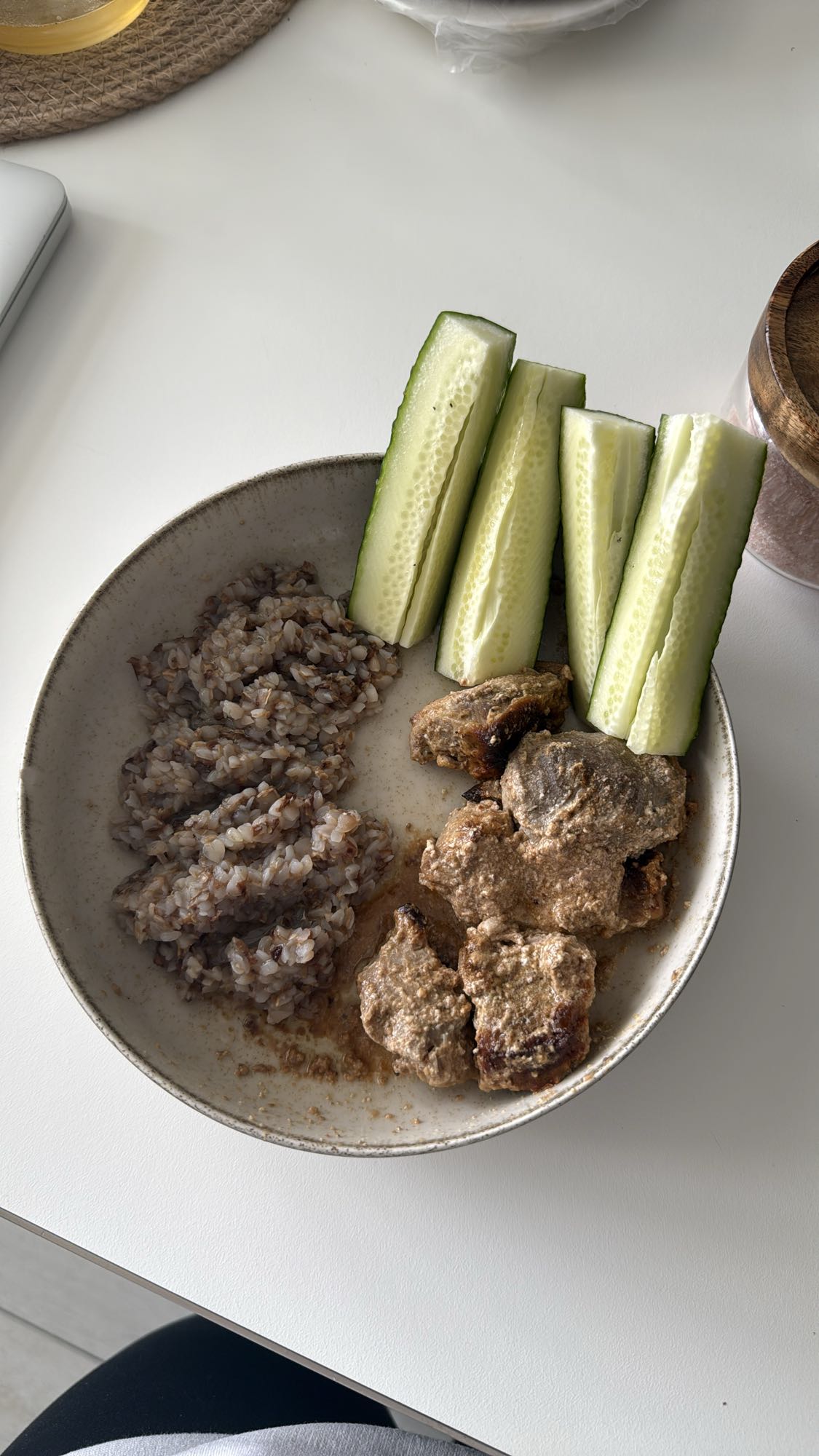 Buckwheat, liver, cucumber bowl