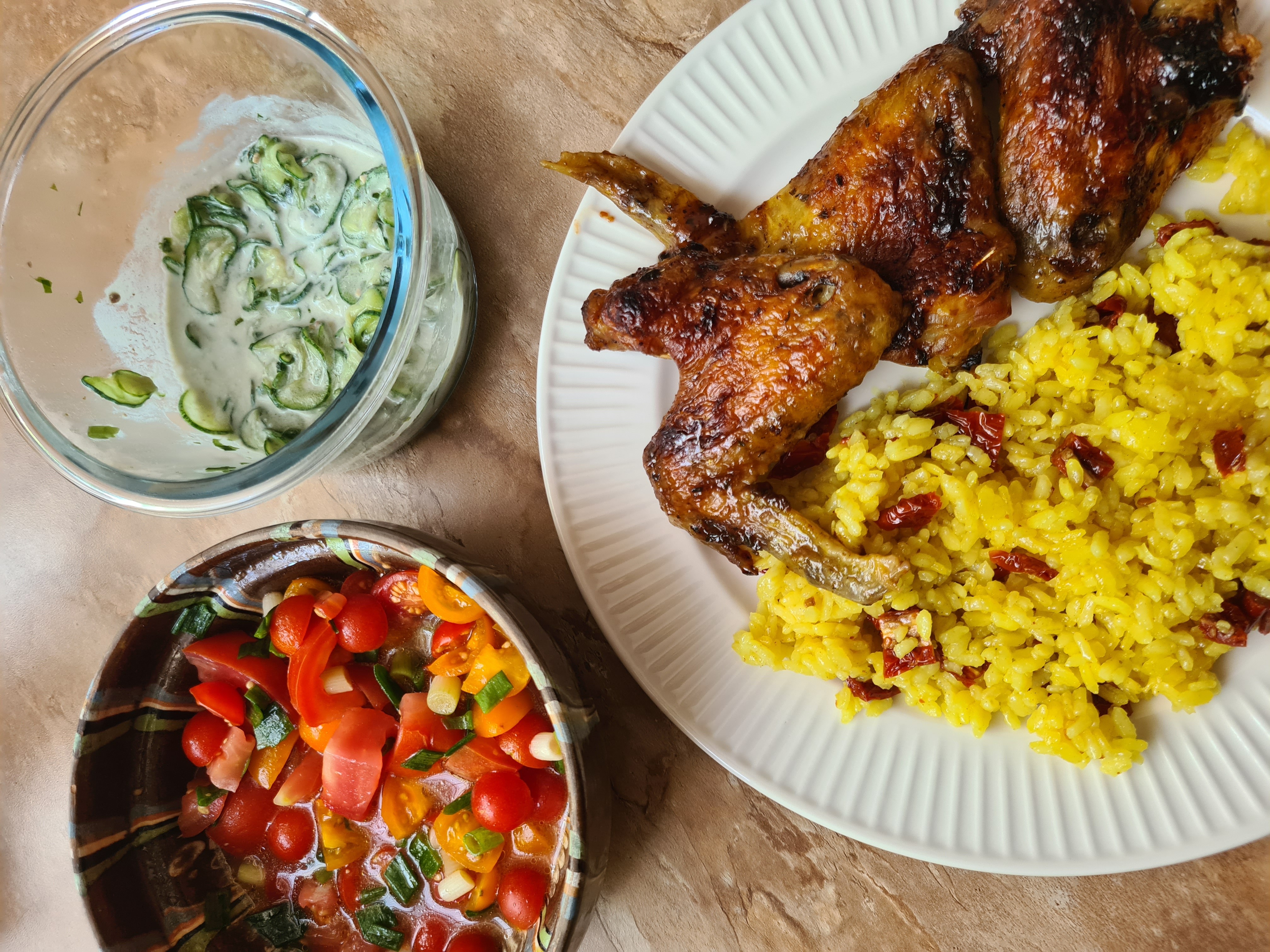 Chicken wings with rice & salads