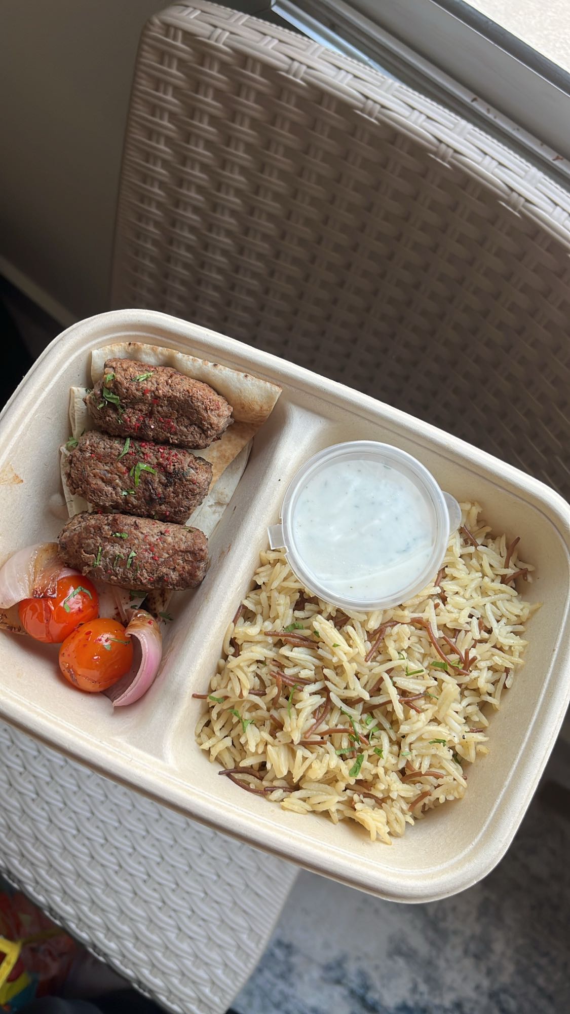 Kofta with rice and sauce