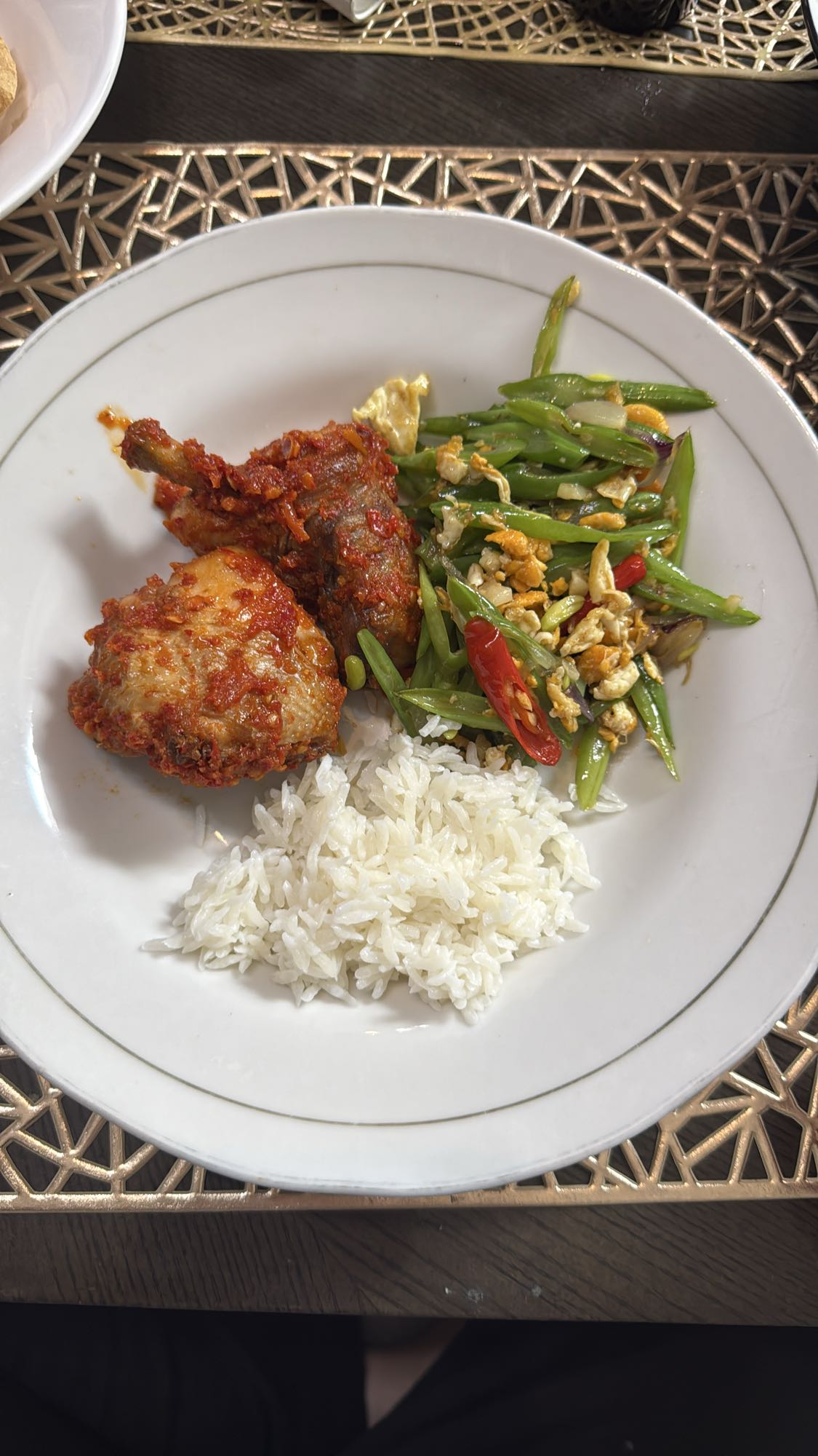 Rice, chicken, beans, egg