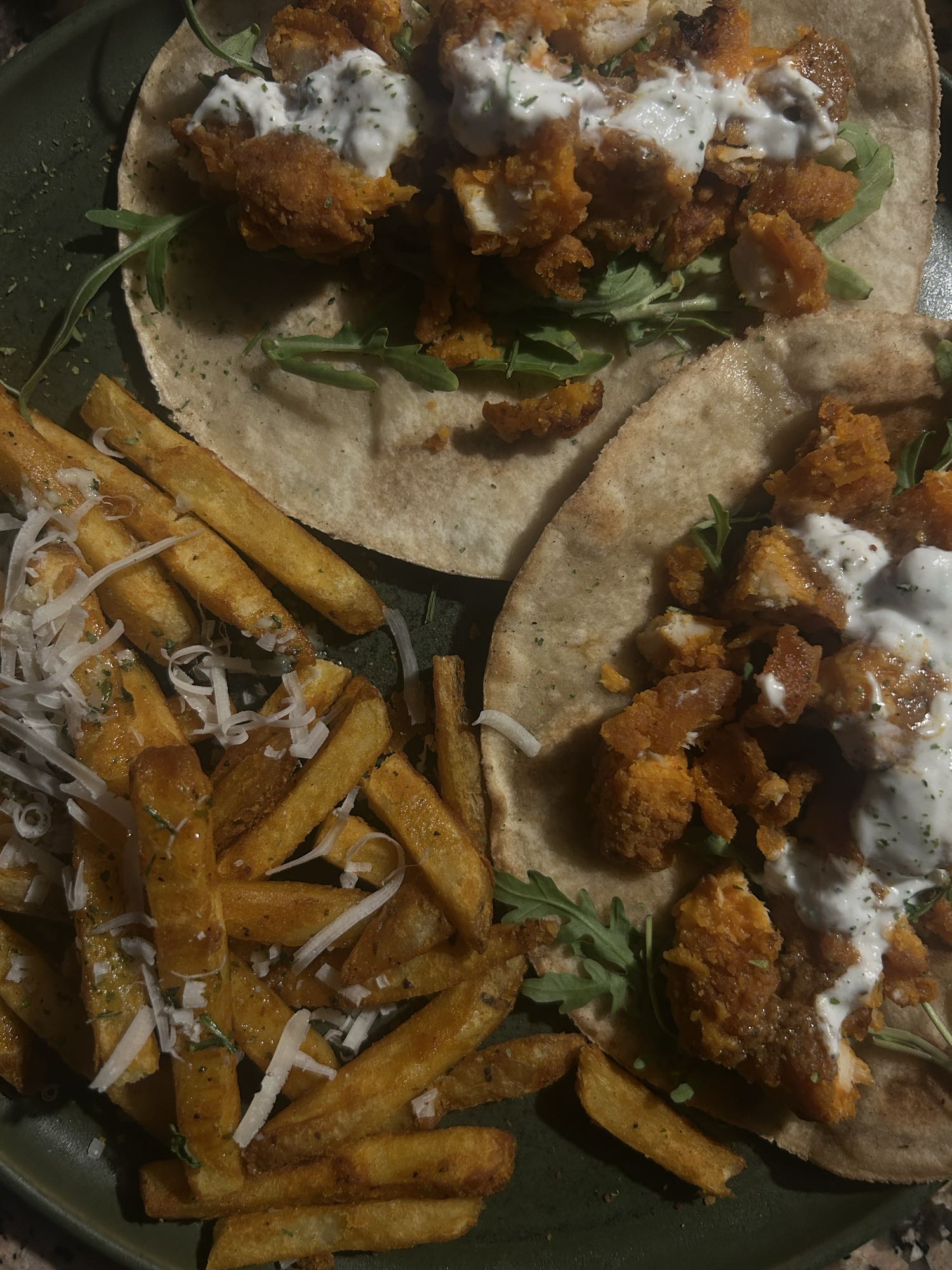 Chicken tacos with fries