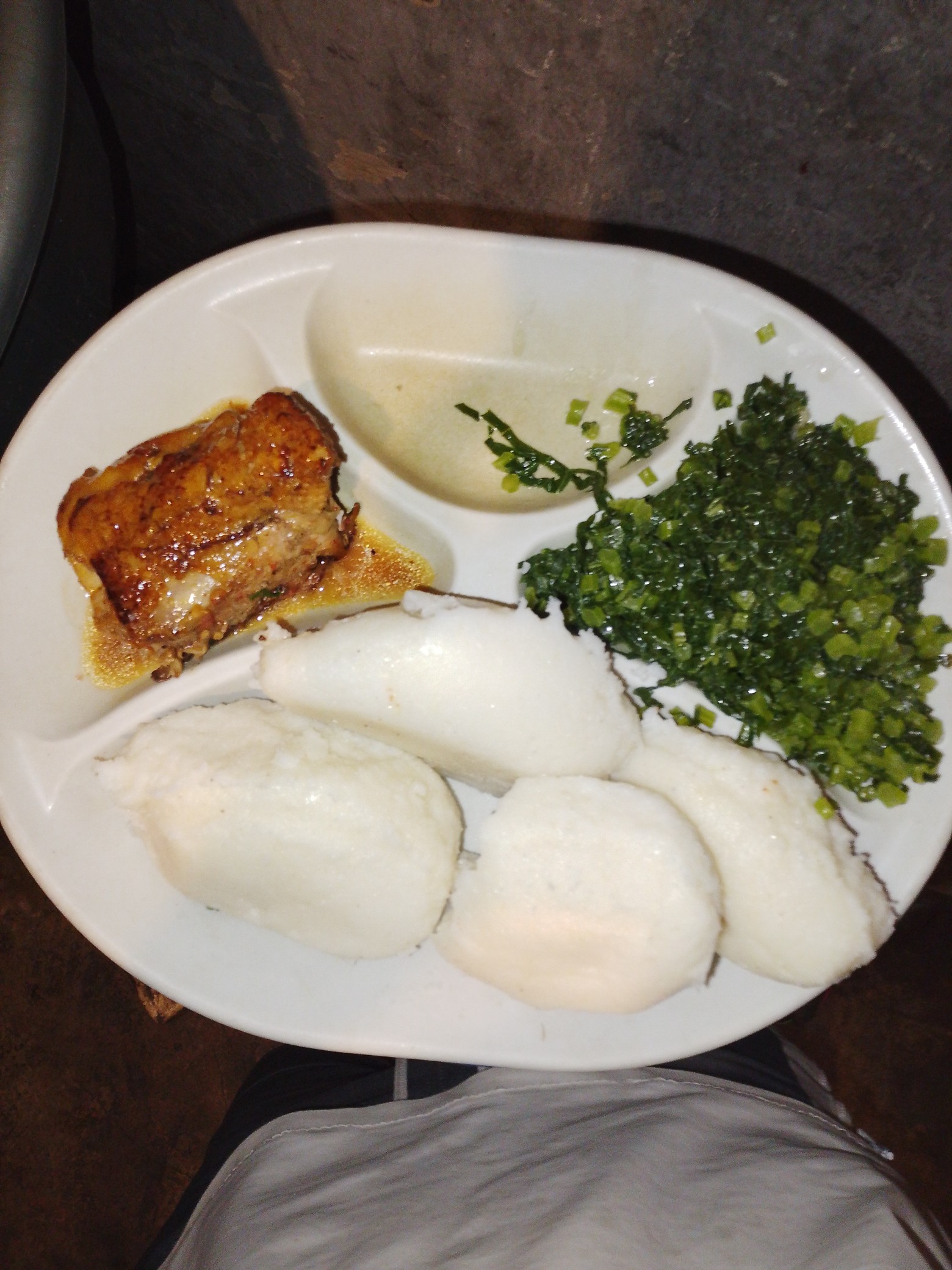 Ugali, greens, chicken