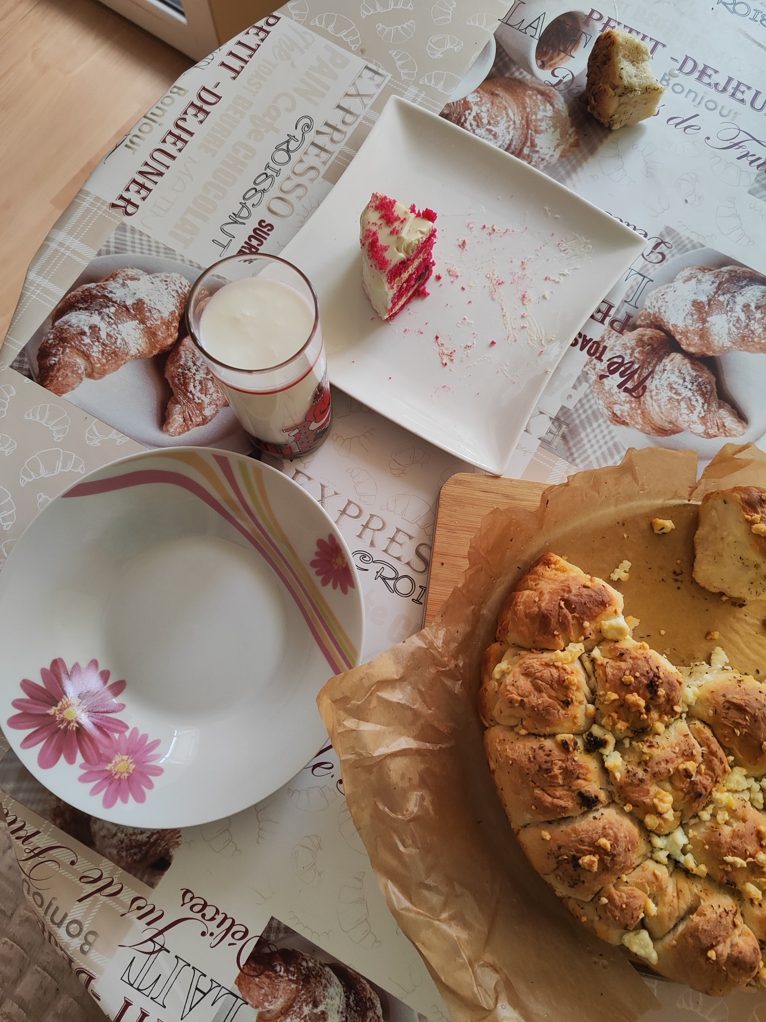 Cake, bread, and milk