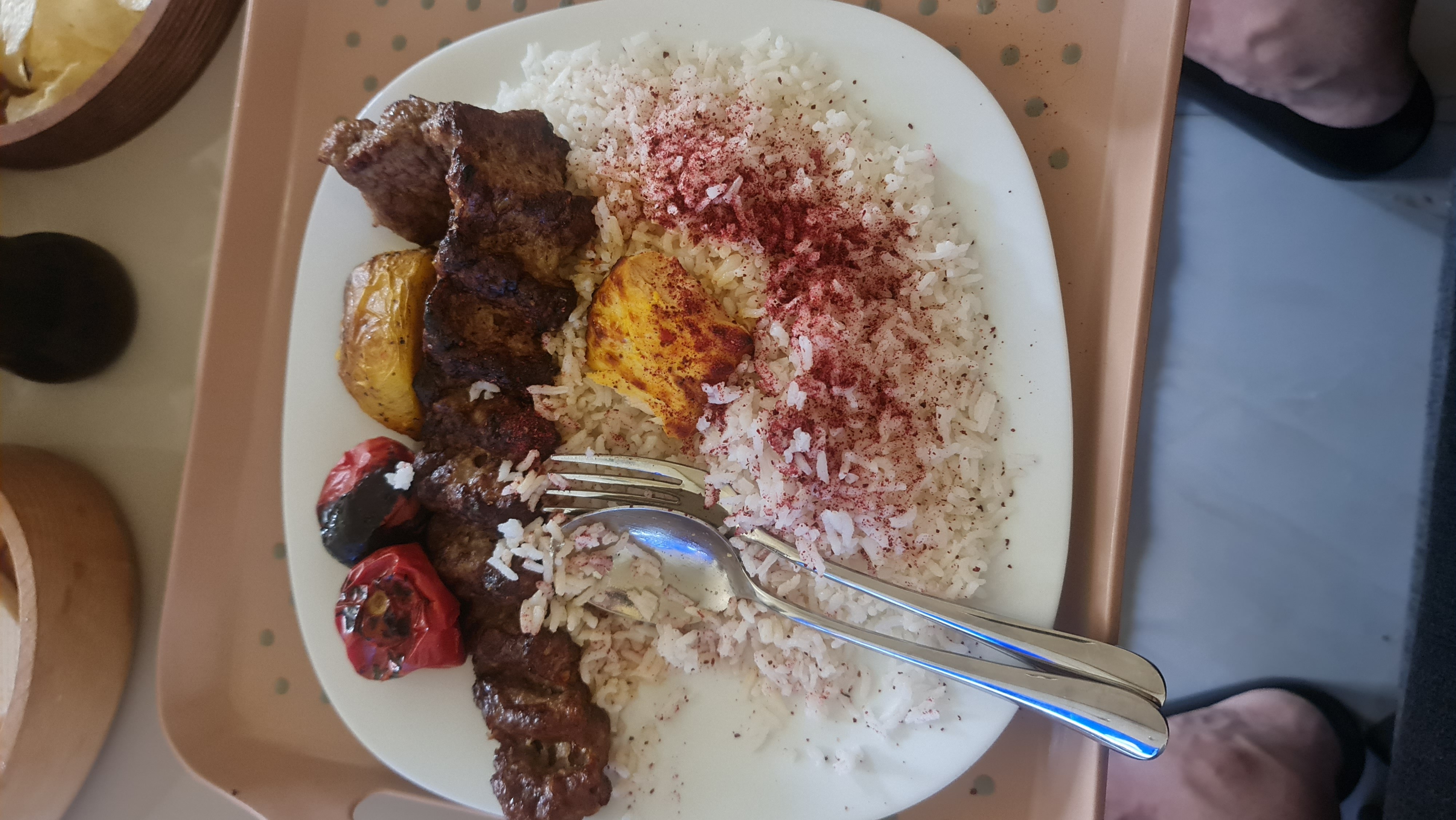 Kebab with rice and veggies