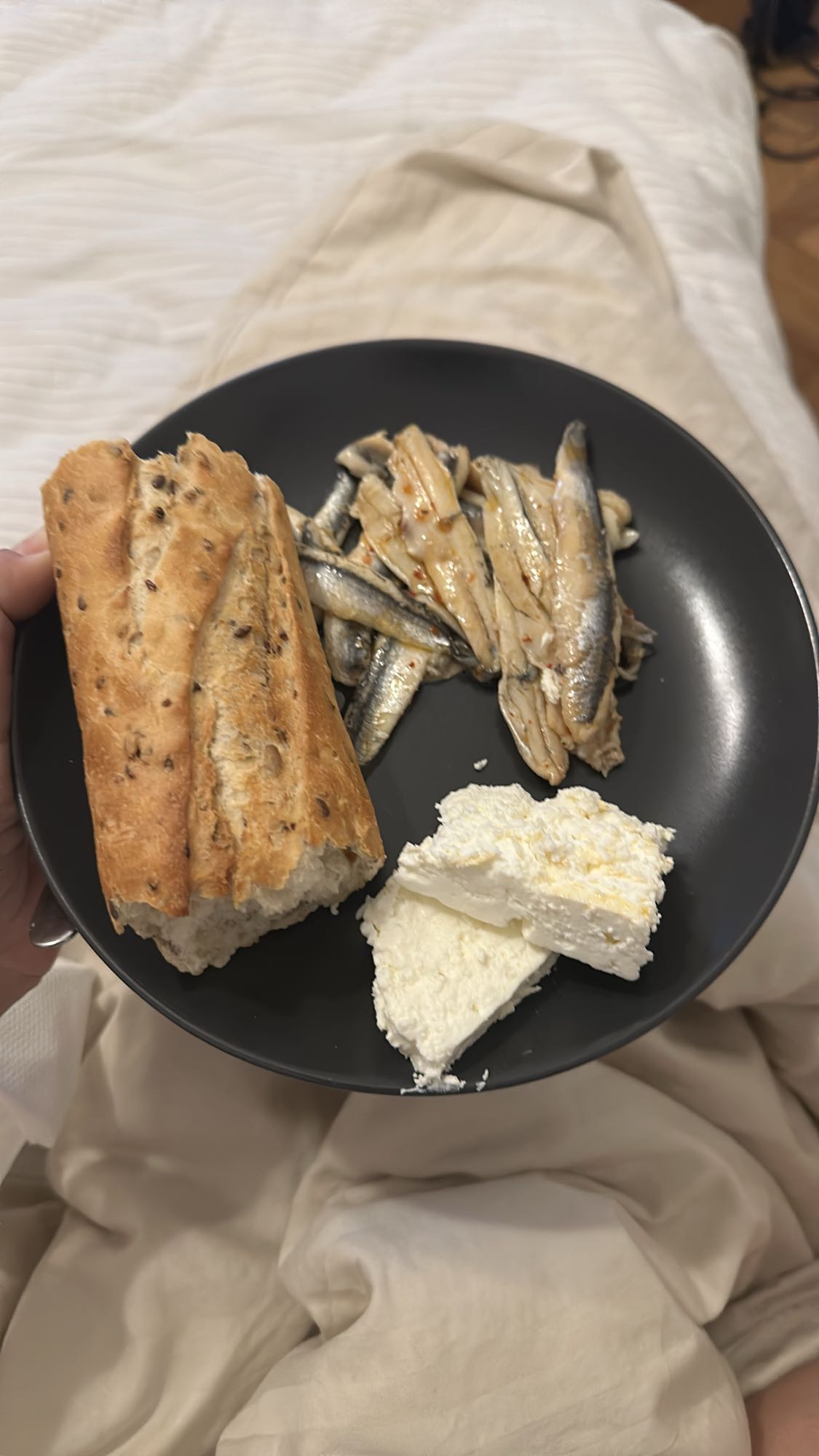 Fish, bread and cheese plate