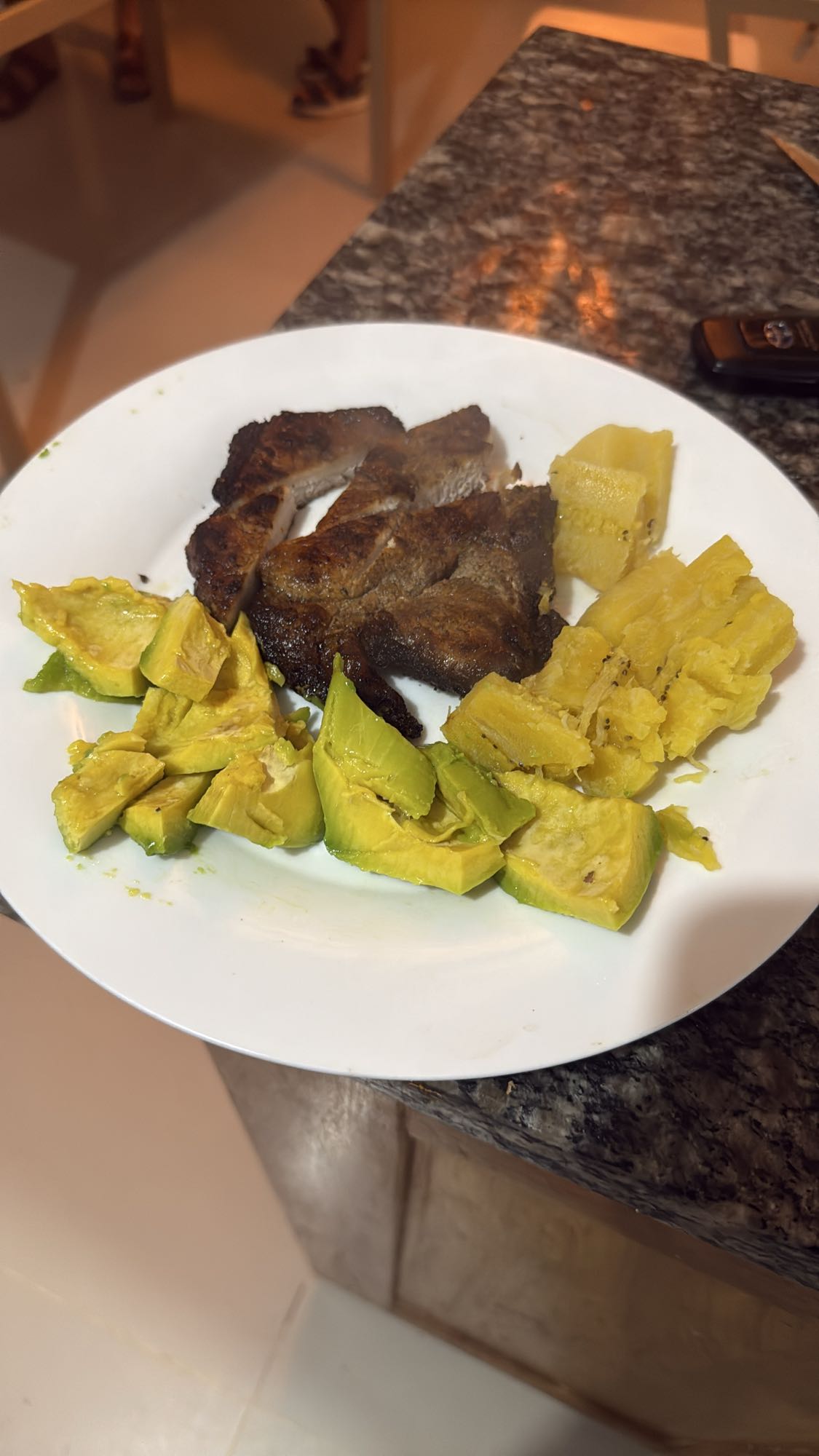 Grilled pork, plantain, avocado