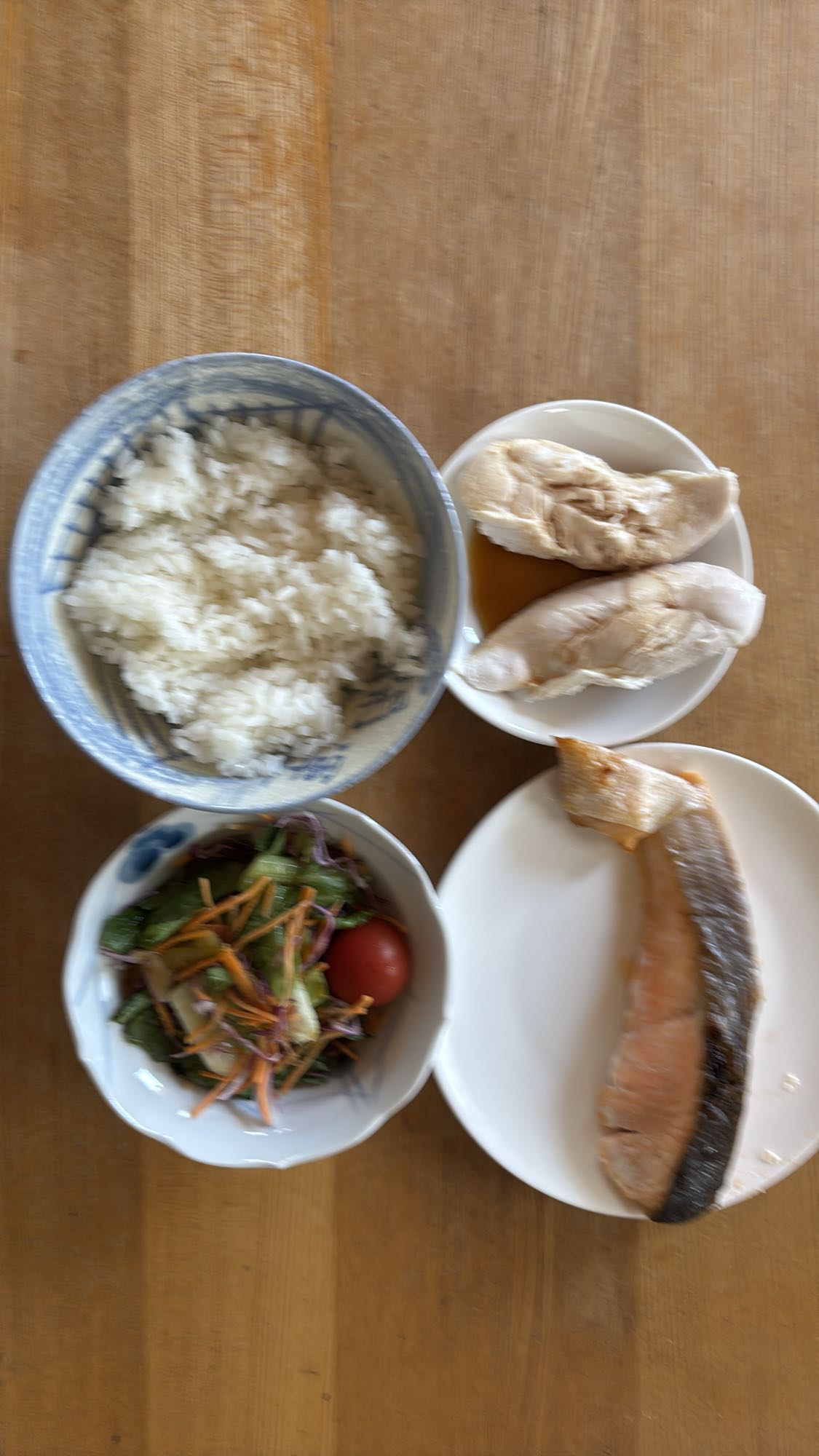 Salmon, Chicken, Rice, Salad