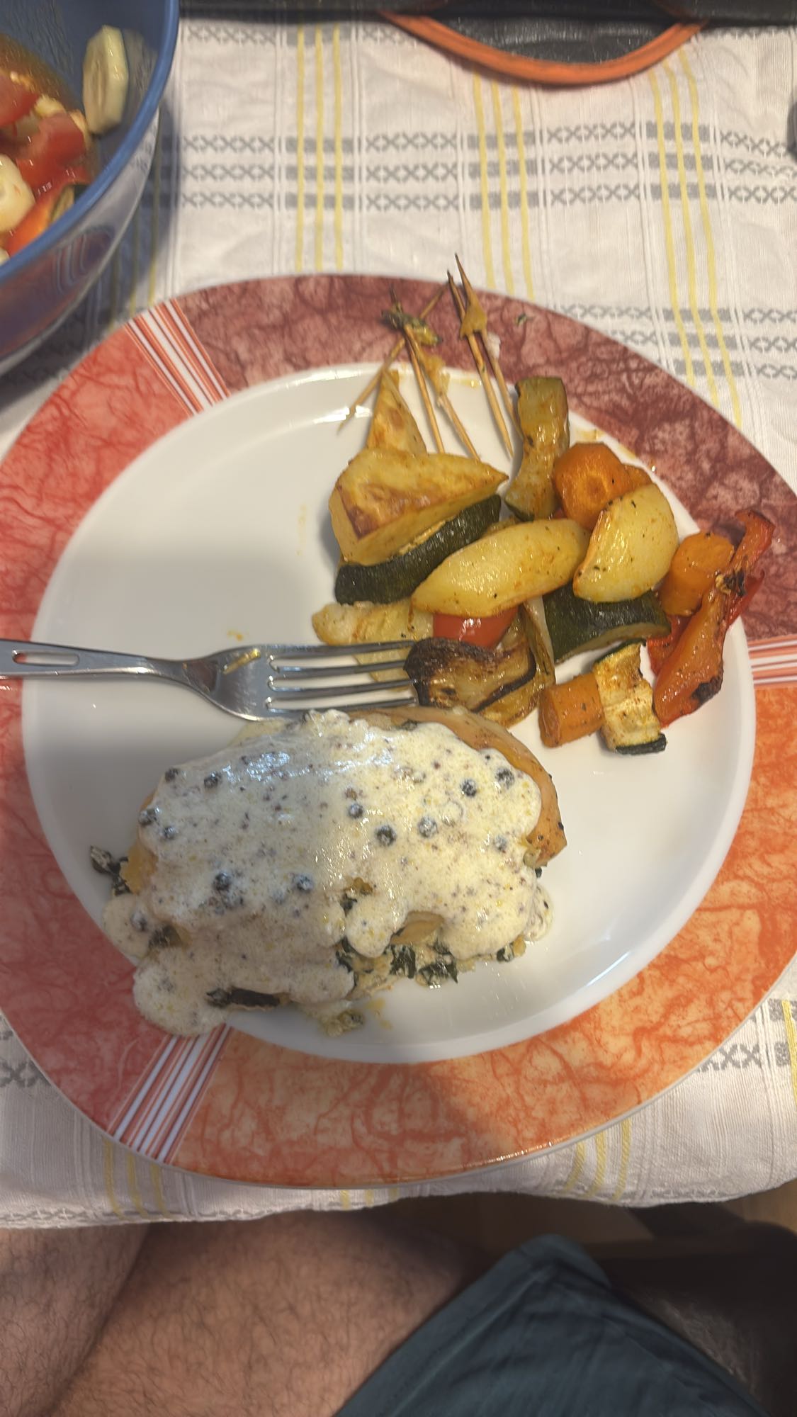 Chicken with cream sauce & roasted veggies