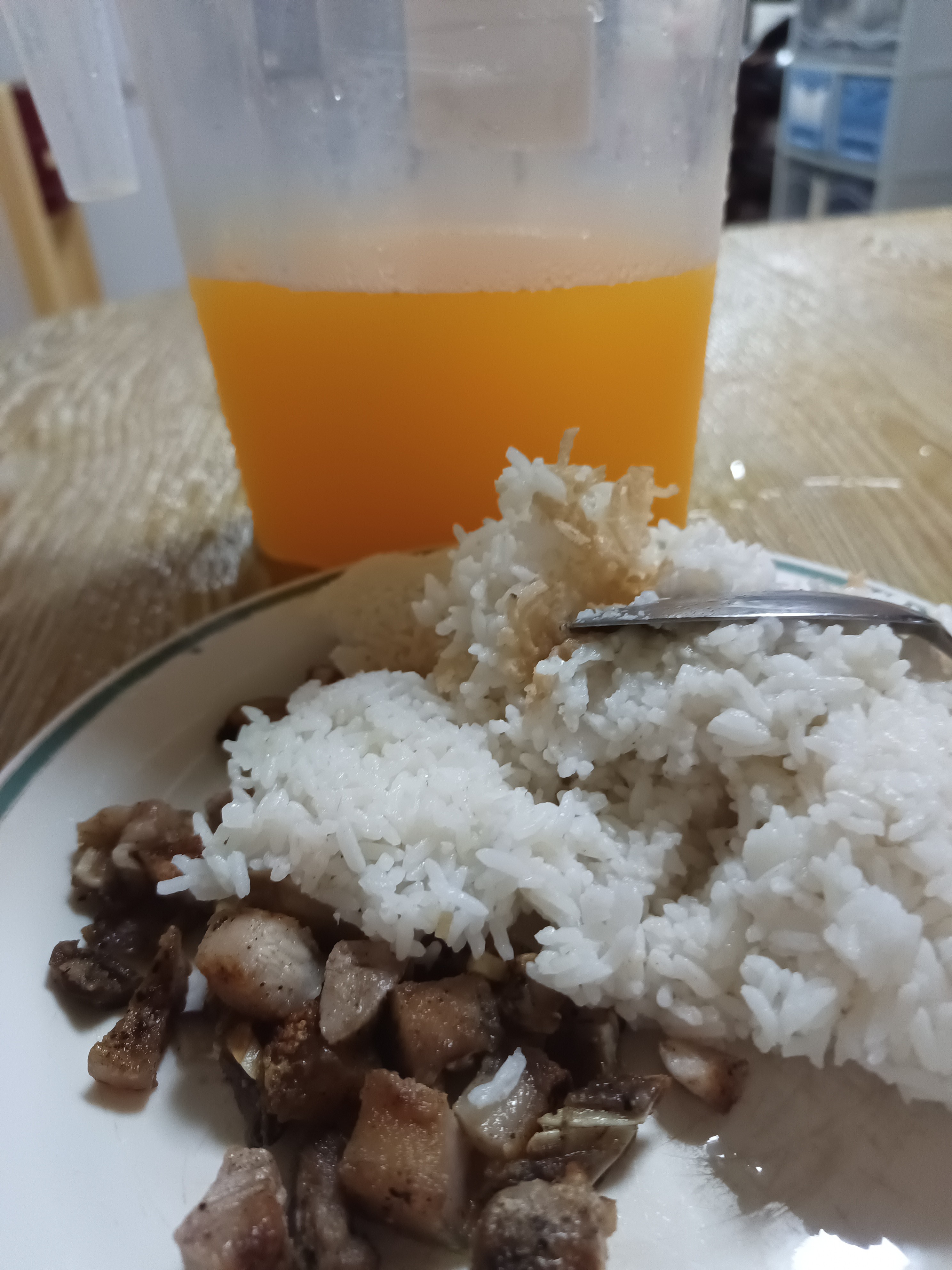 Rice, pork, orange drink