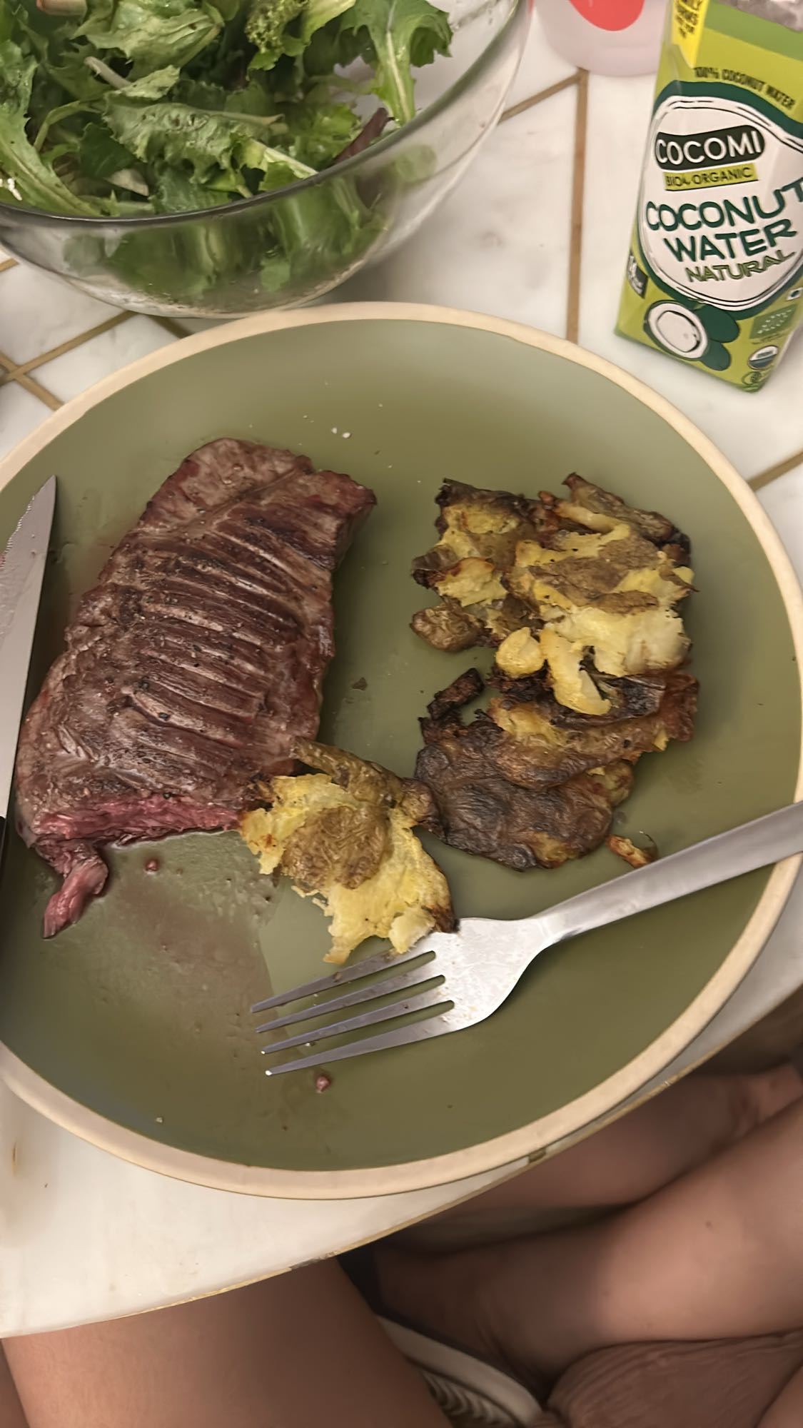 Steak, potatoes, salad