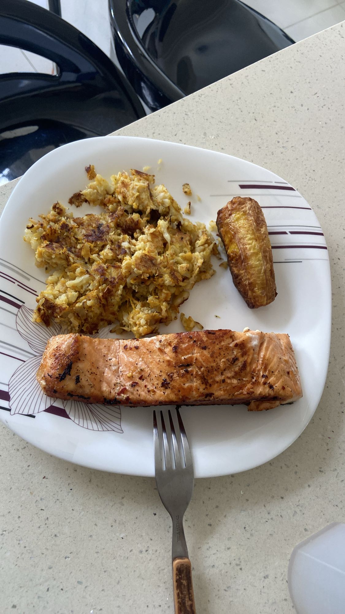 Salmon, hash, plantain
