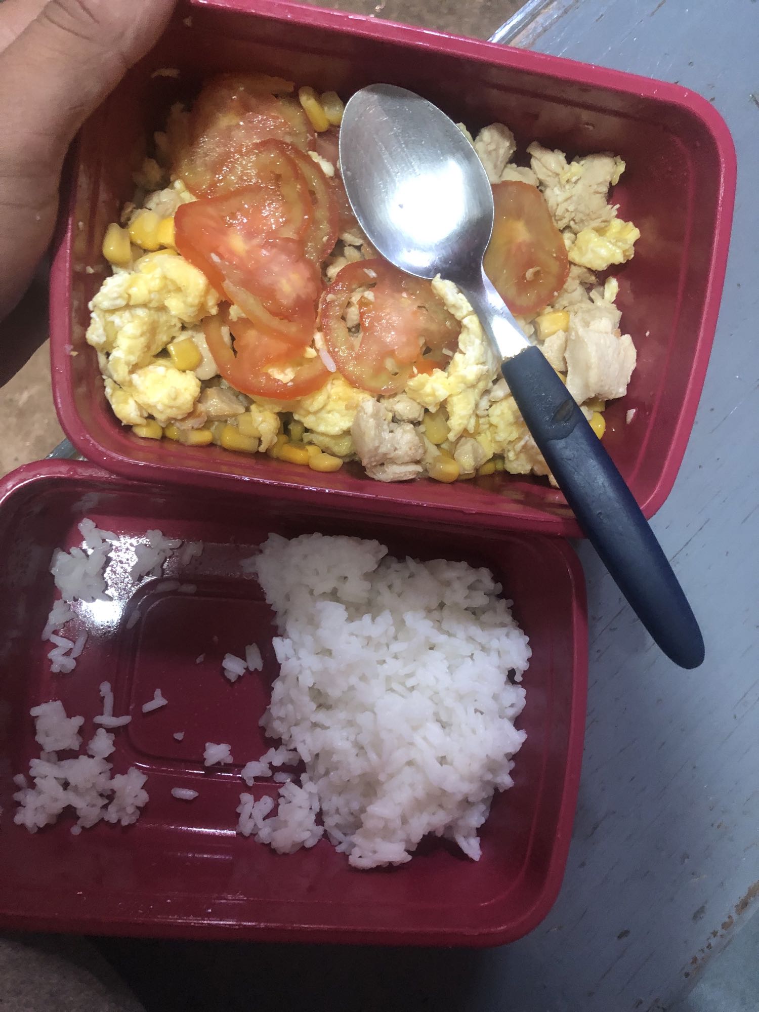 Arroz con huevo y pollo