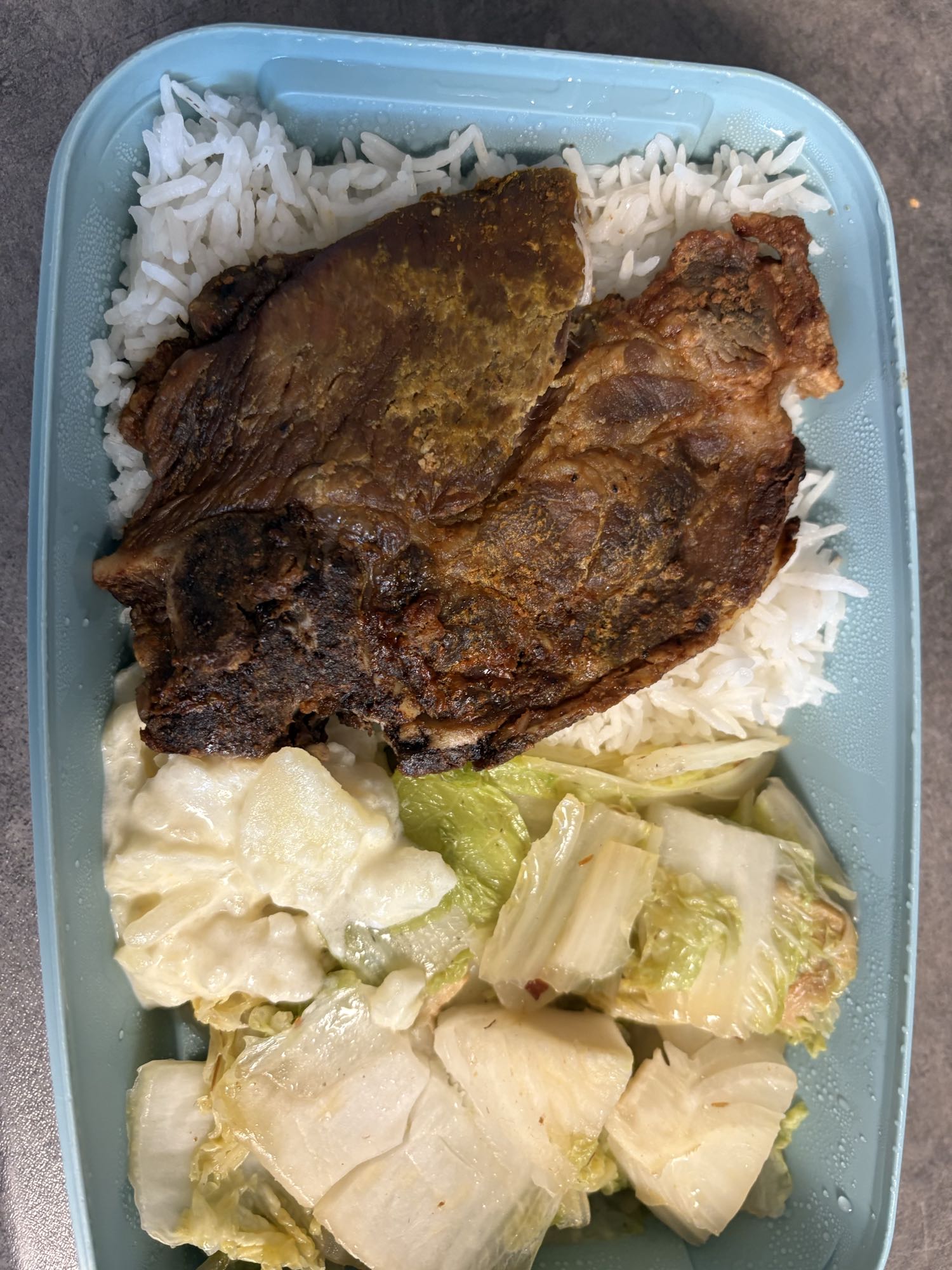 Beef, rice, and salad
