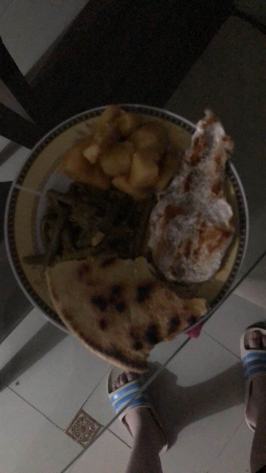 Chicken, potatoes, bread plate