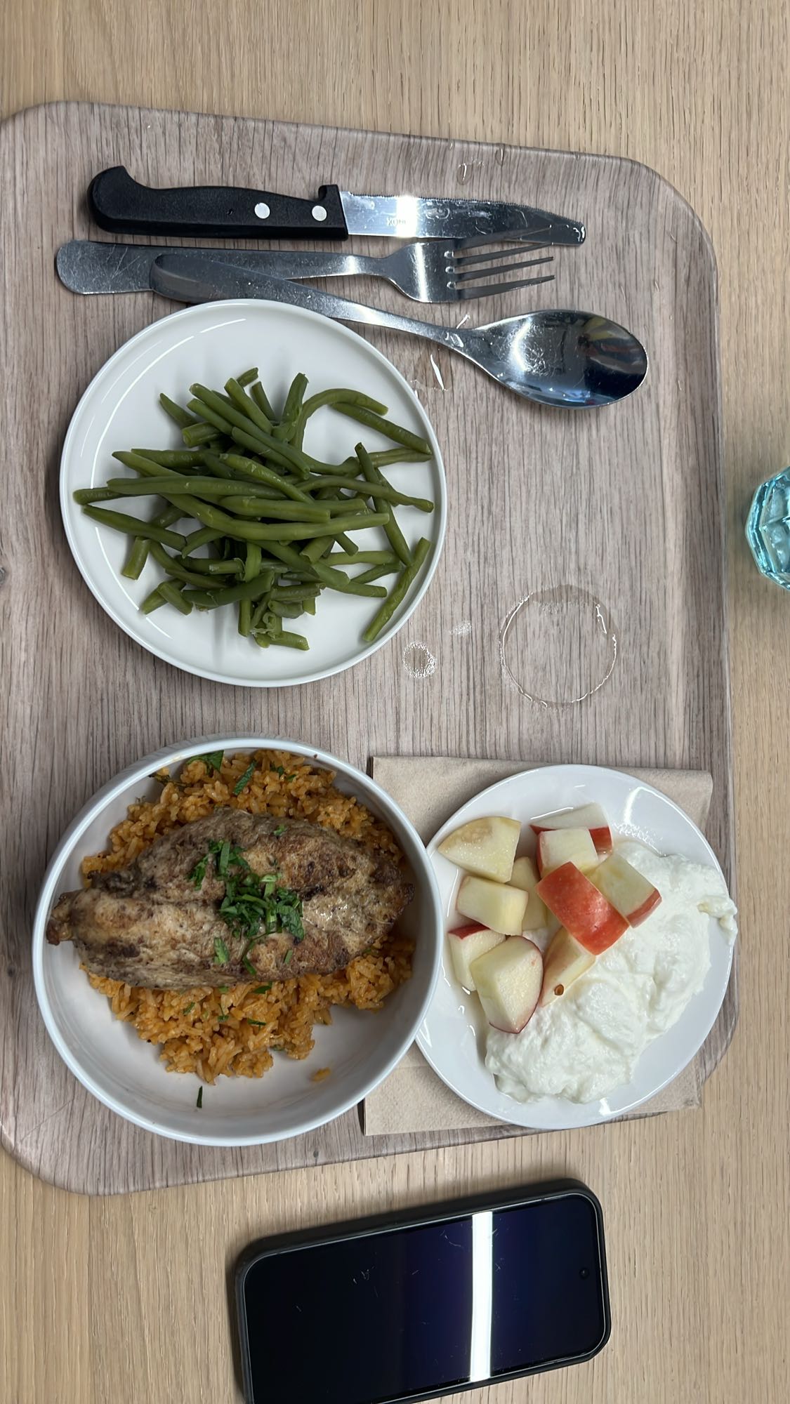 Poulet, riz, haricots verts