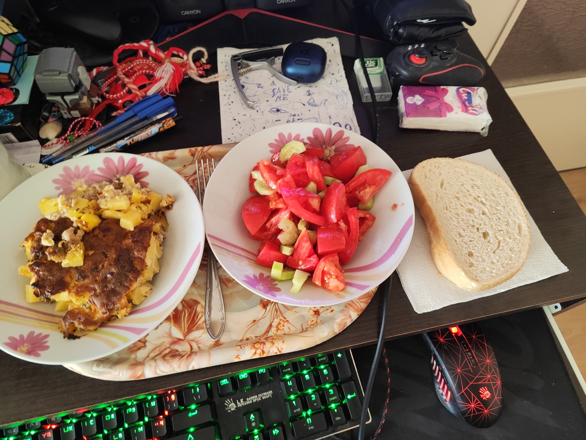 Omelette, salad, bread