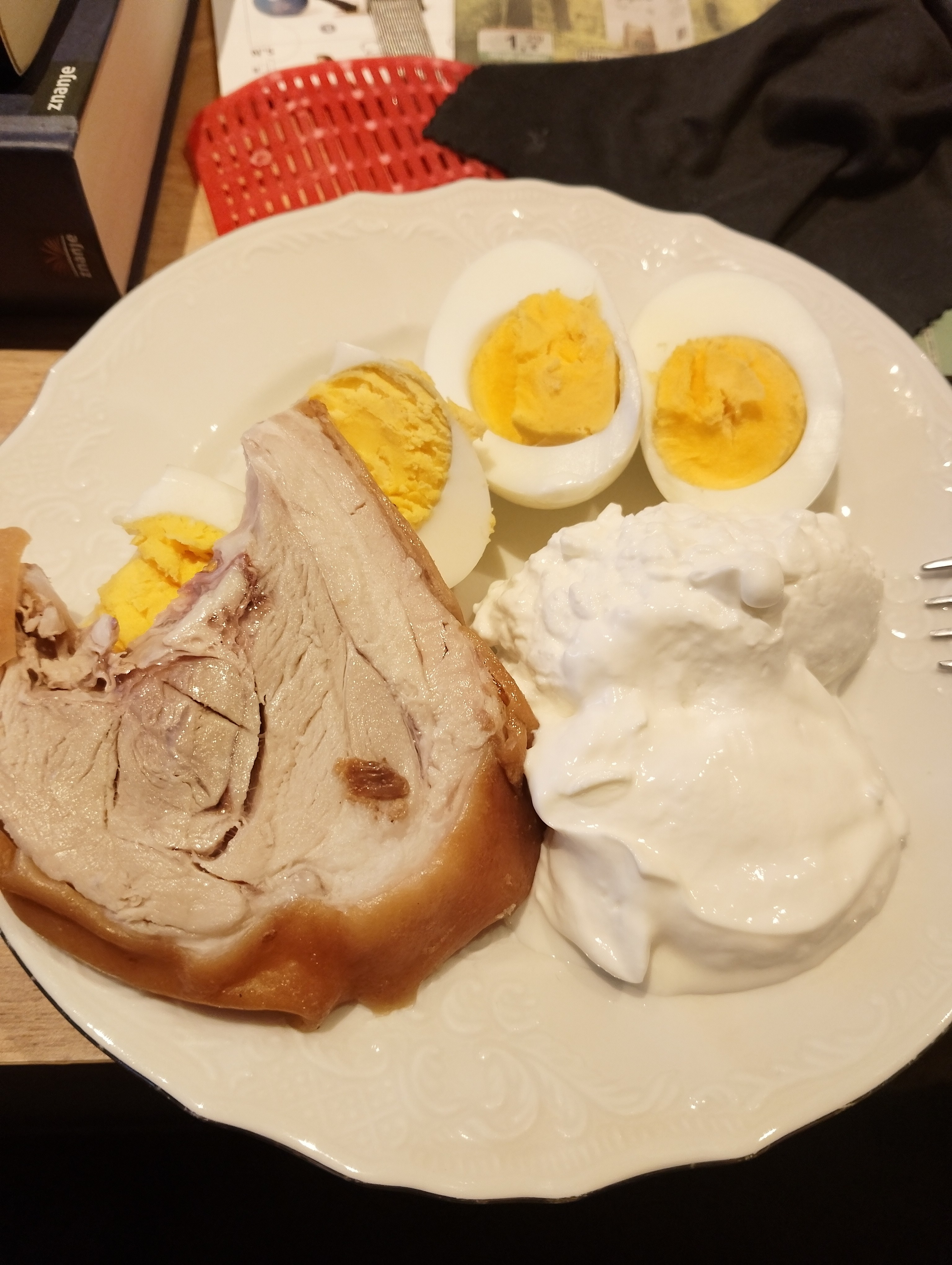 Eggs, pork, and yogurt plate