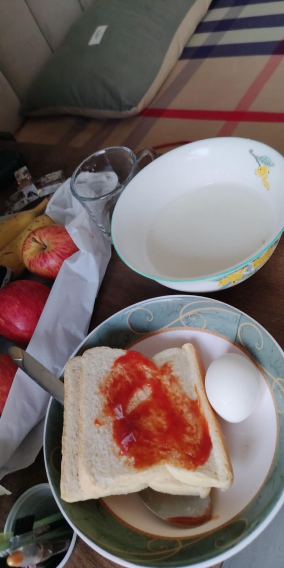 Egg, Toast, Apple, Water