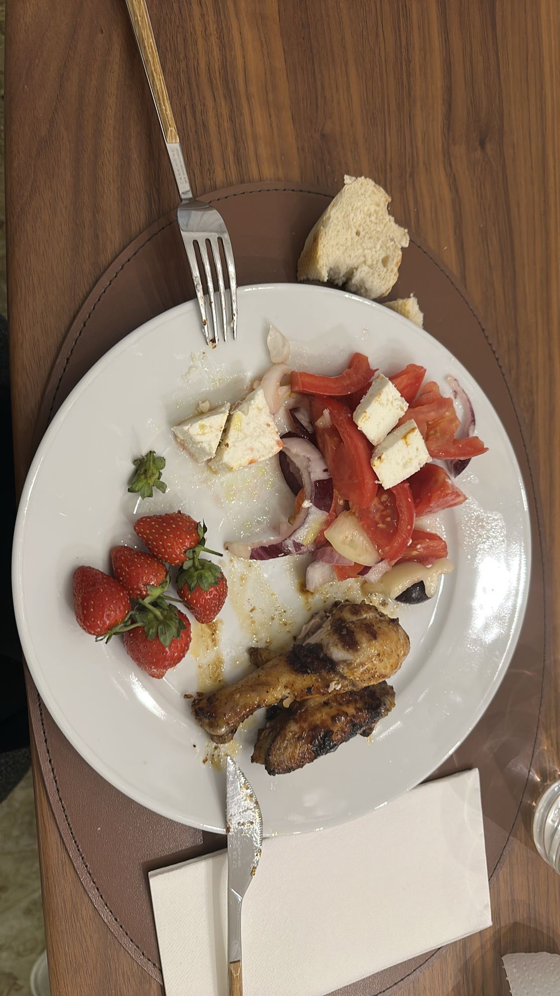 Chicken, salad, bread, fruit