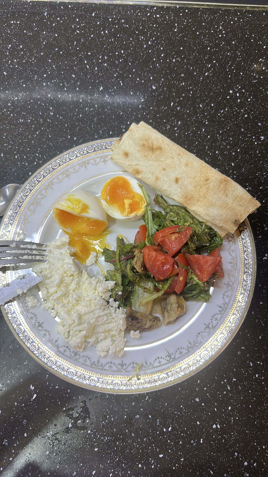 Egg, cheese, salad, bread plate