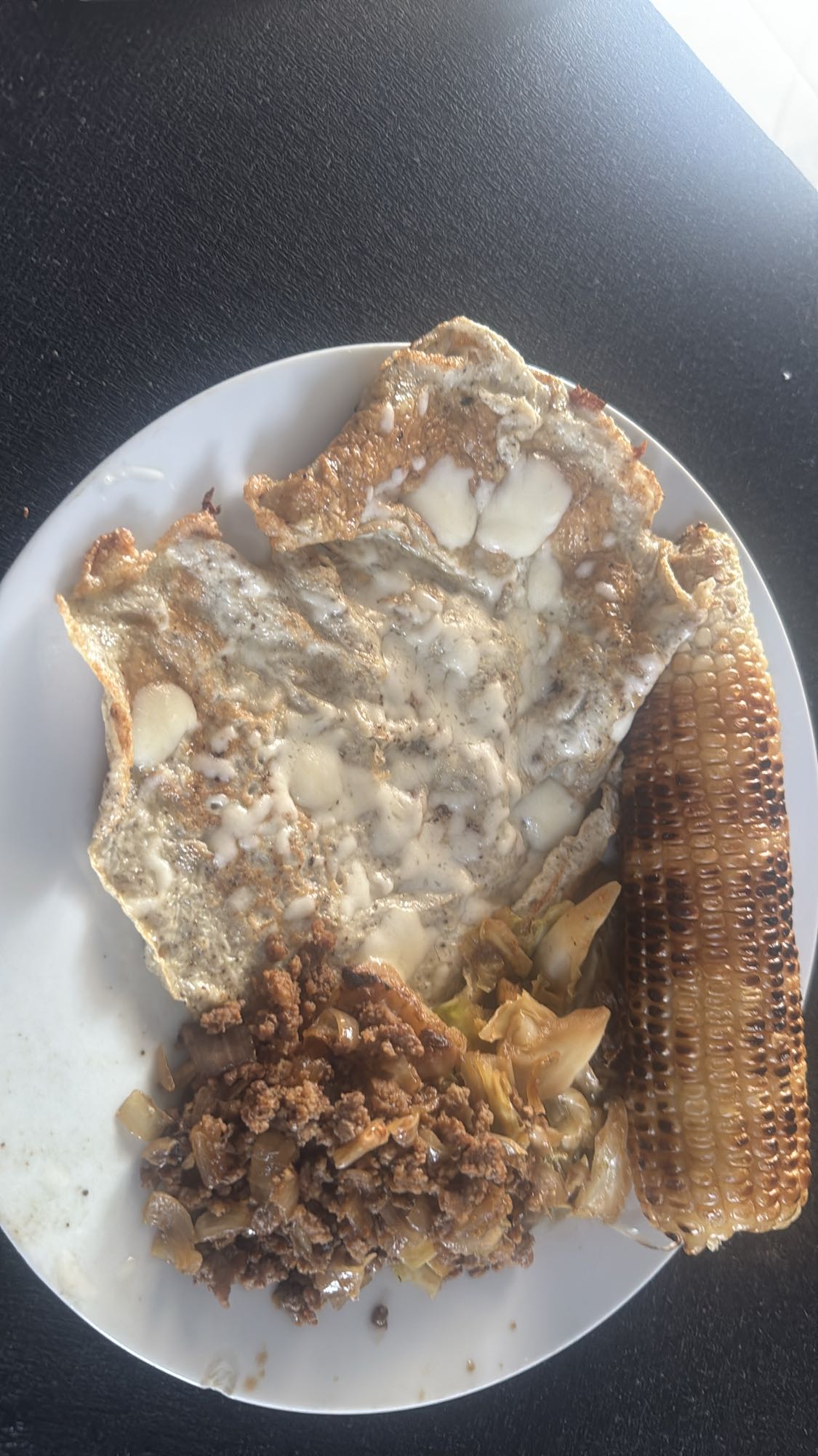 Eggs, beef, corn plate