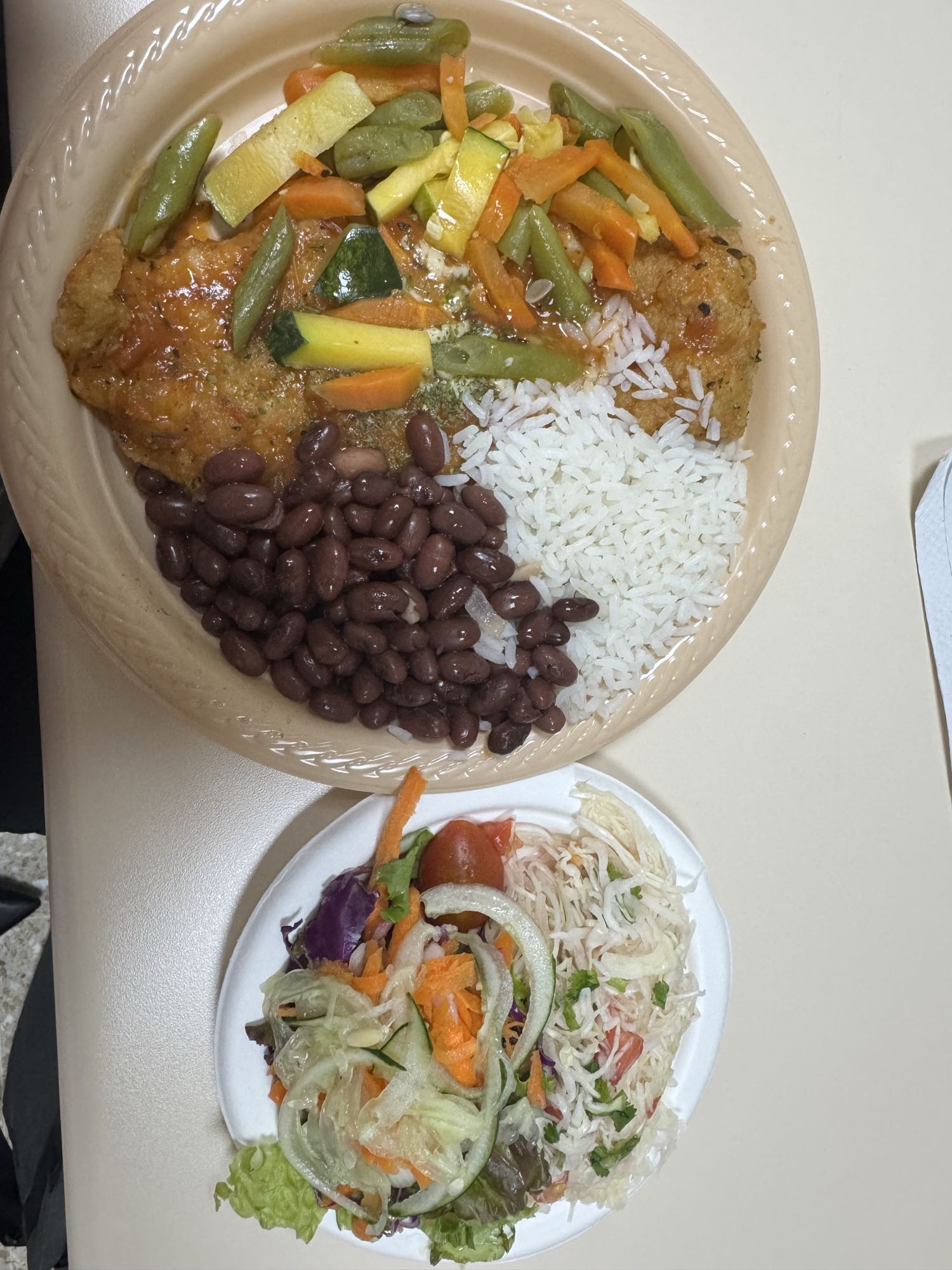 Pescado empanizado con arroz y ensalada