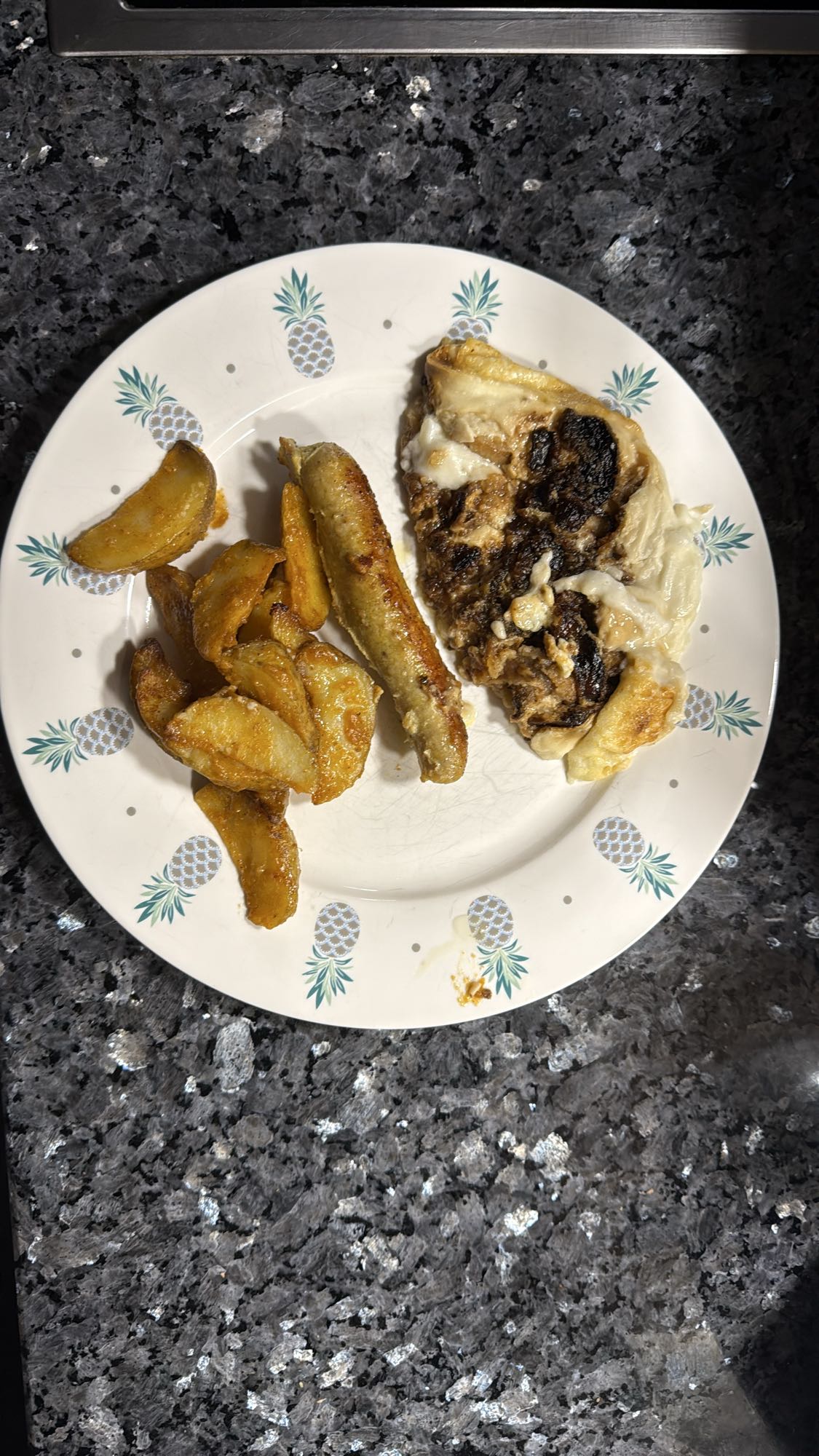 Sausage, wedges, kishk with fried onions