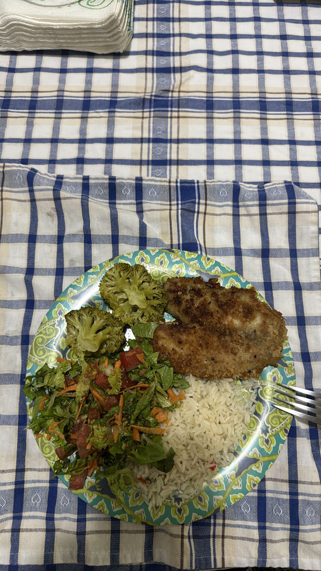 Pescado empanizado con arroz y ensalada