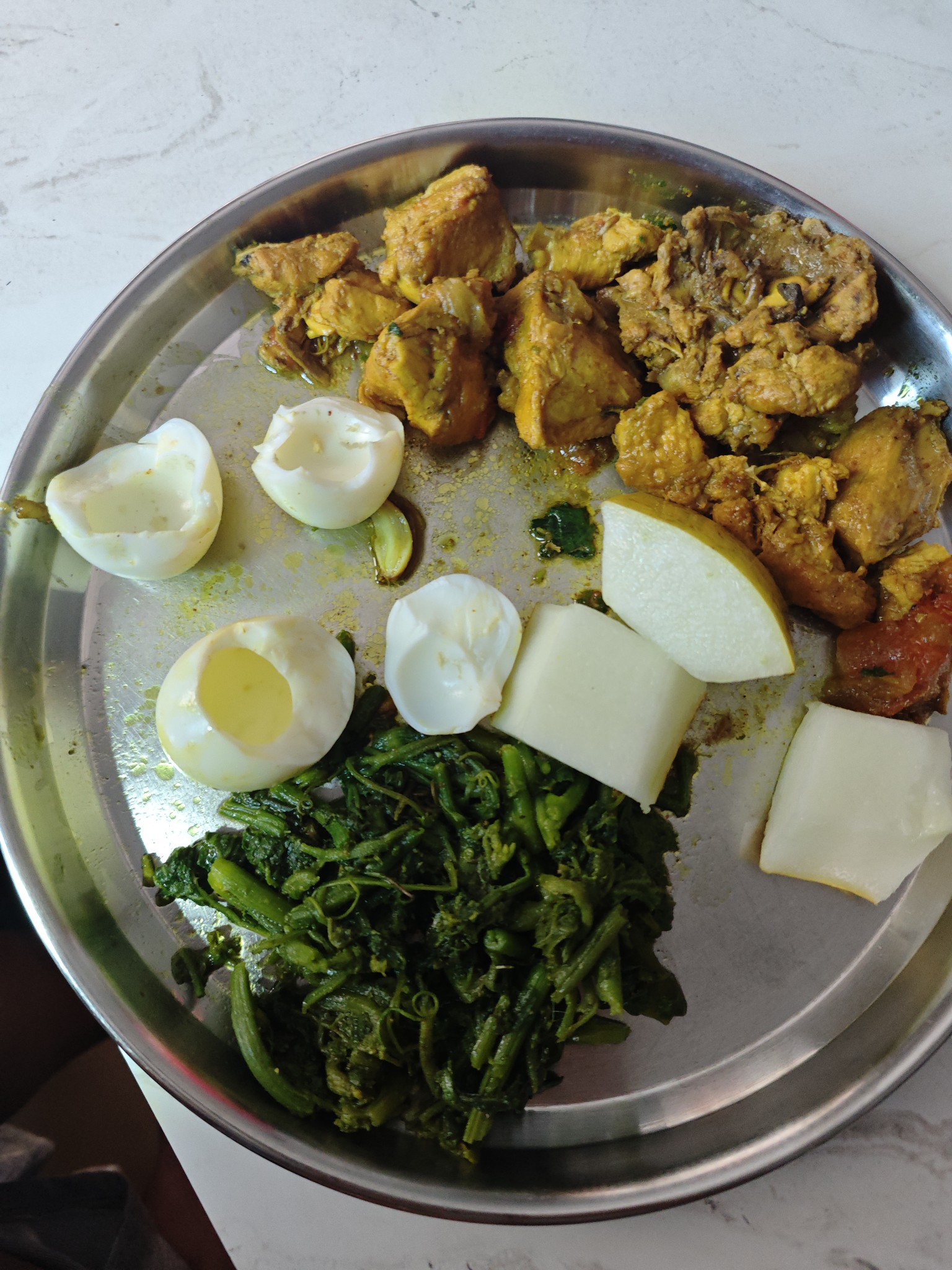 Chicken, eggs, greens & root