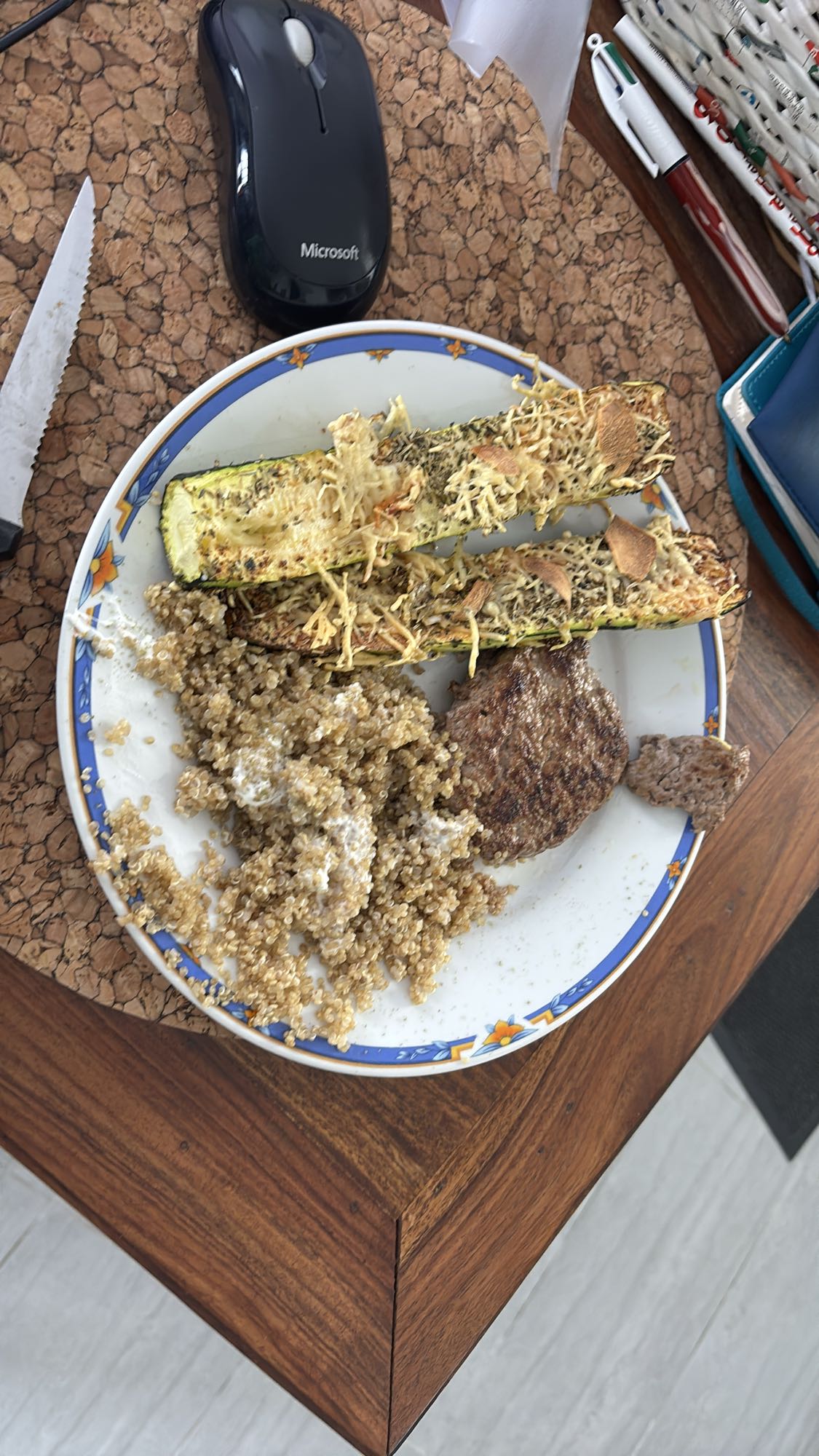 Courgettes, quinoa, steak