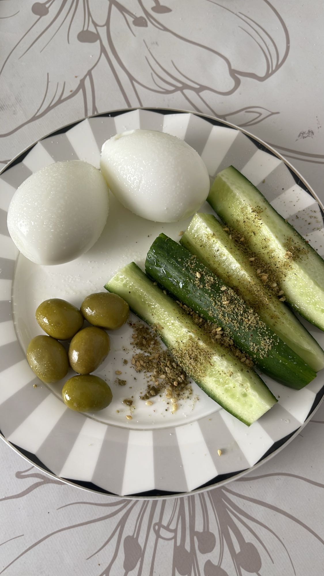 Eggs, cucumber, olives plate