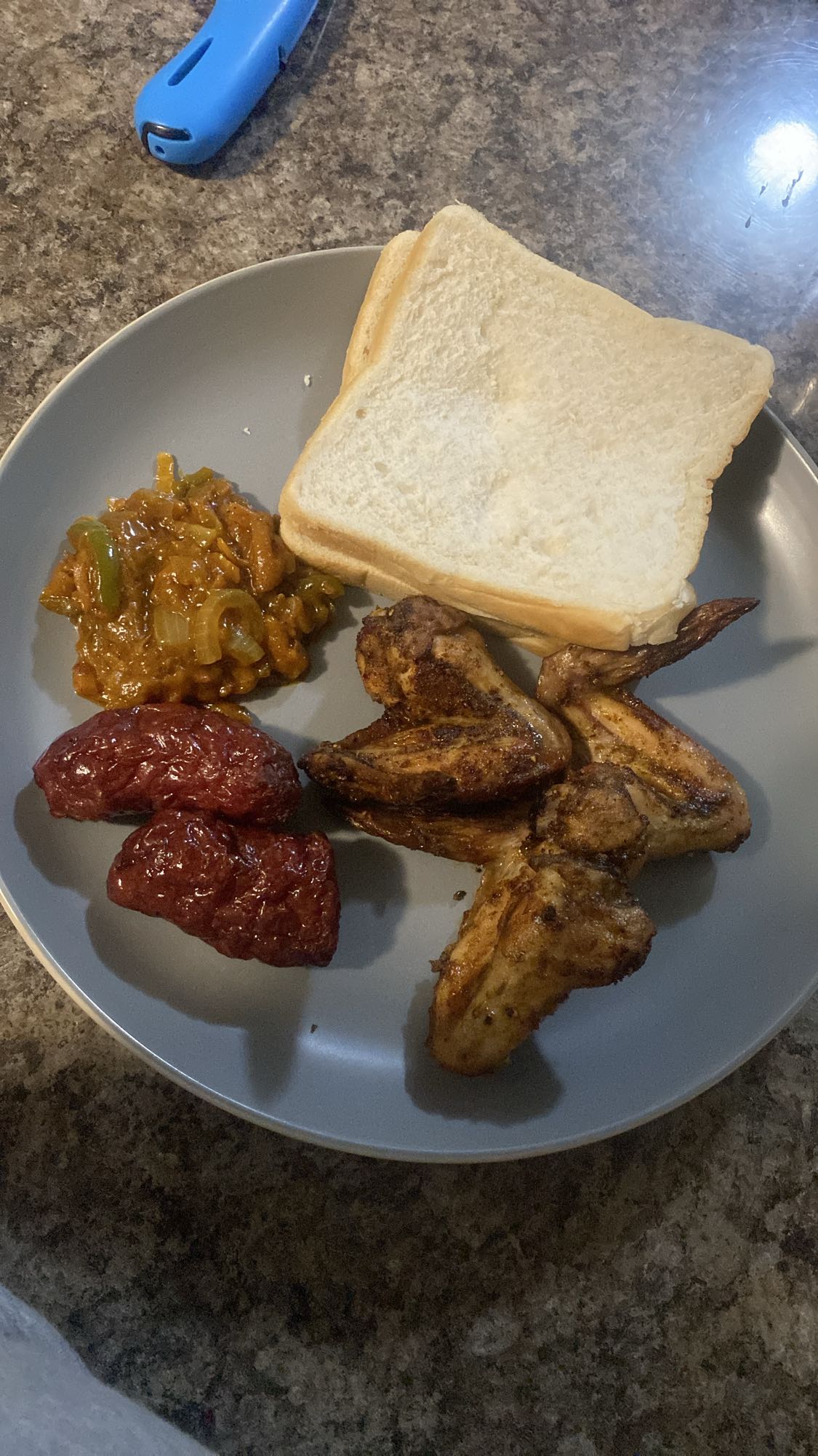 Wings, Bread, Sausage, Relish