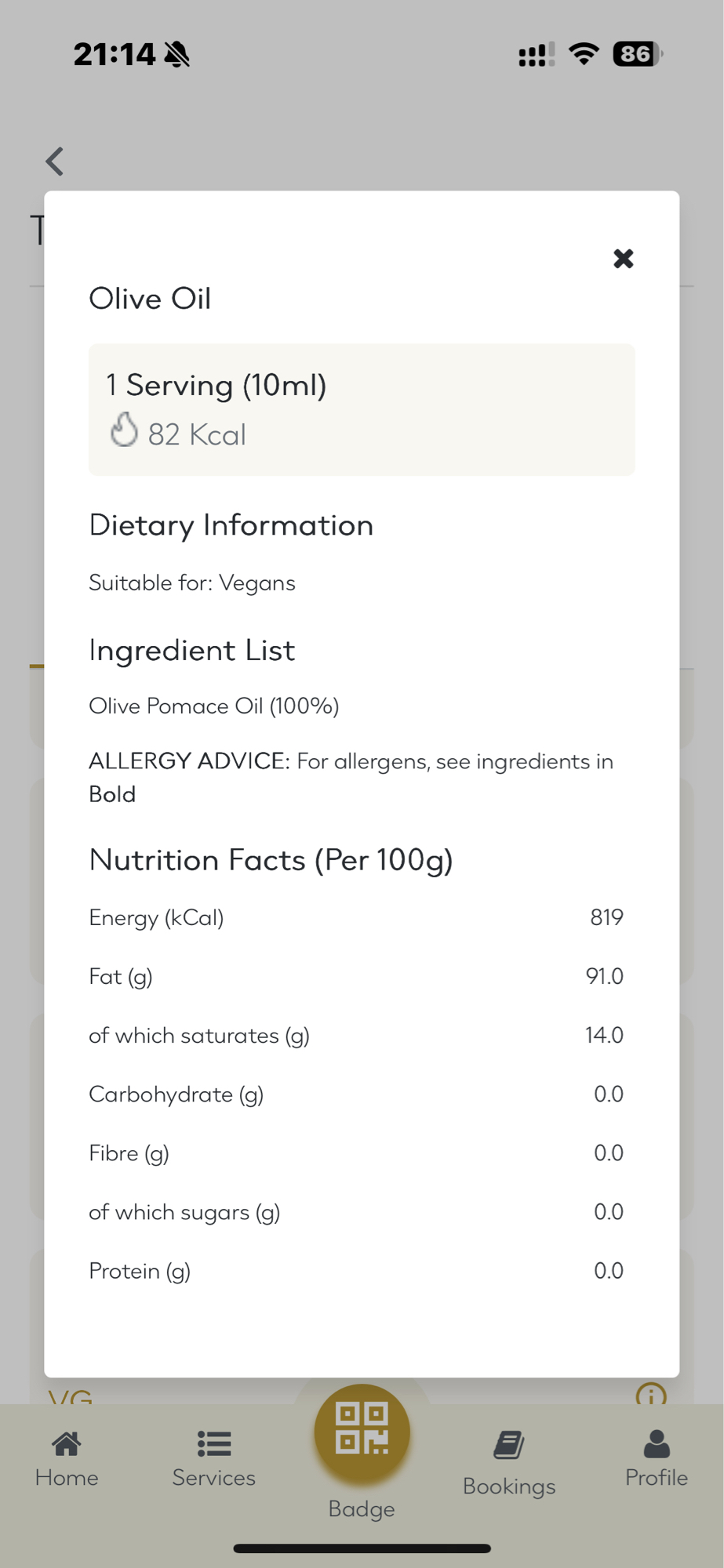 Olive Oil (10ml serving)