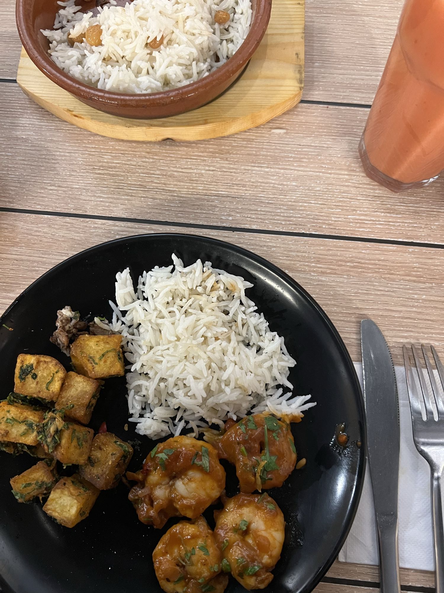 Crevettes, riz et tofu
