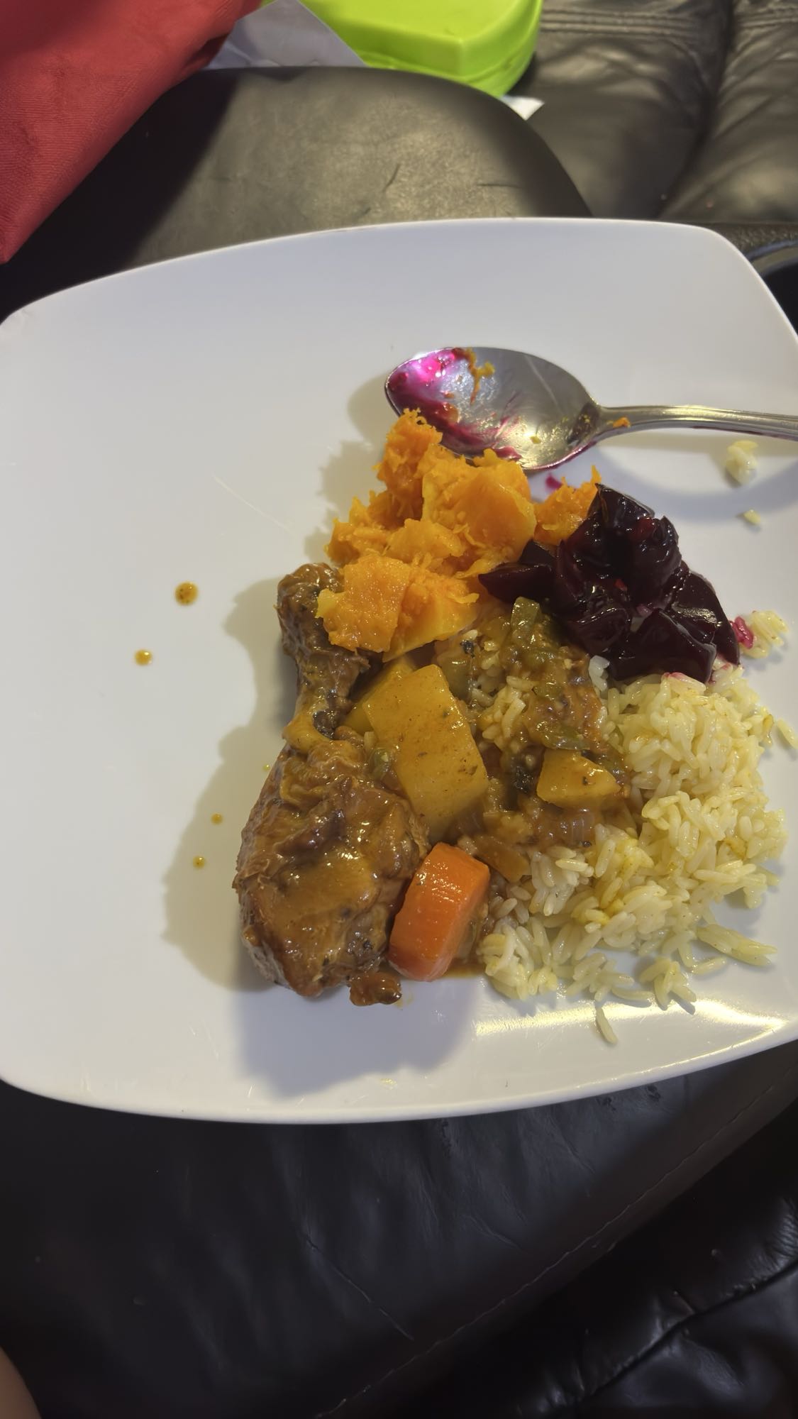 Rice, stew, sweet potato, beet