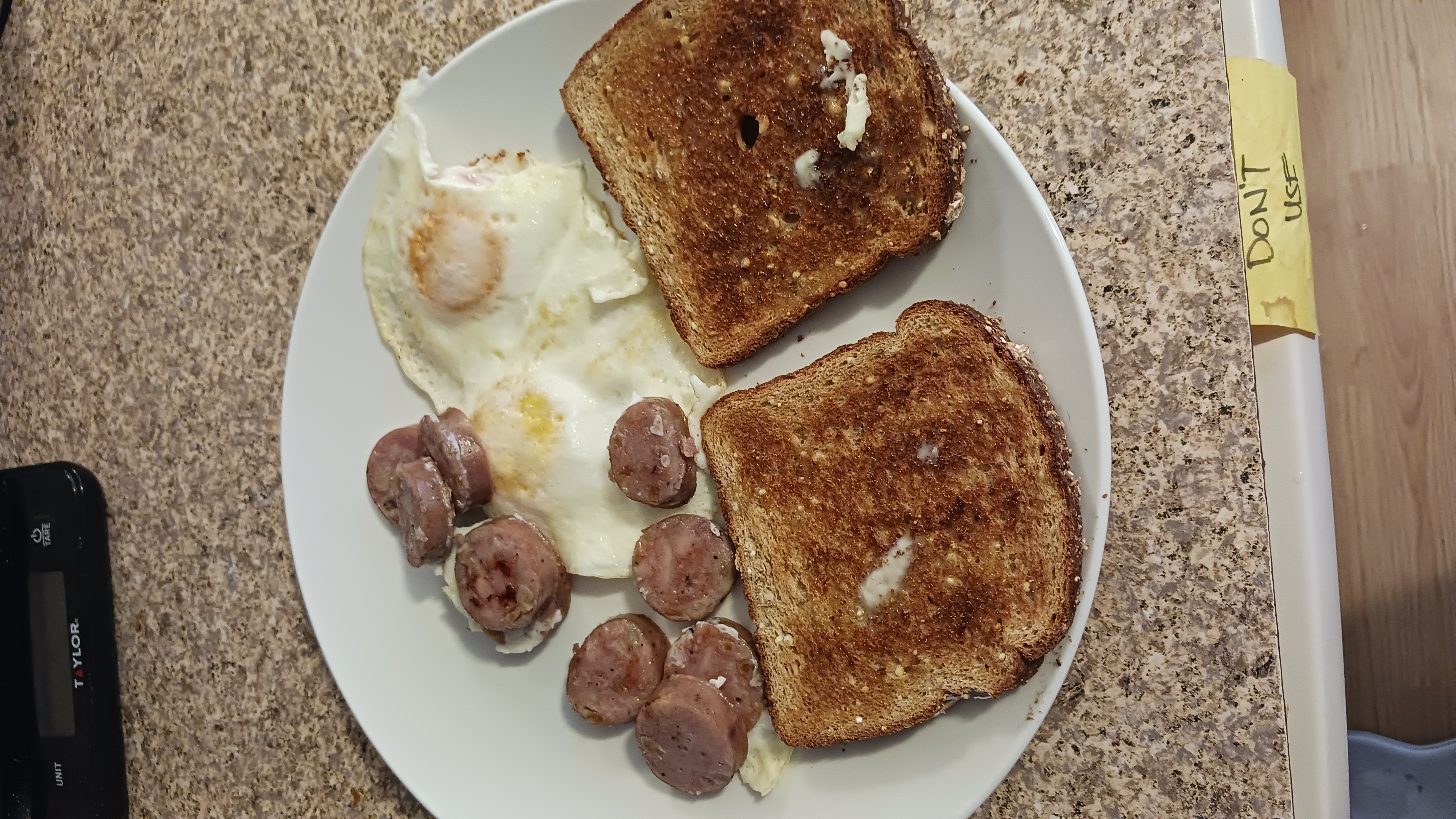 Eggs, sausage, toast