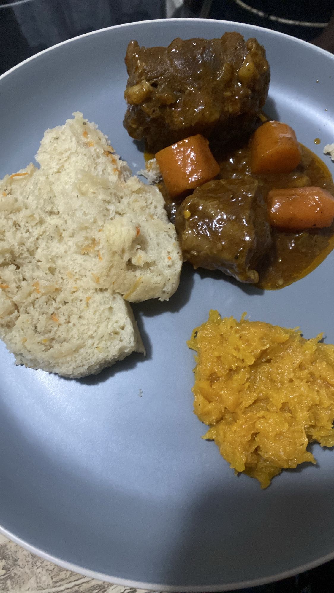 Beef stew with dumpling and pumpkin