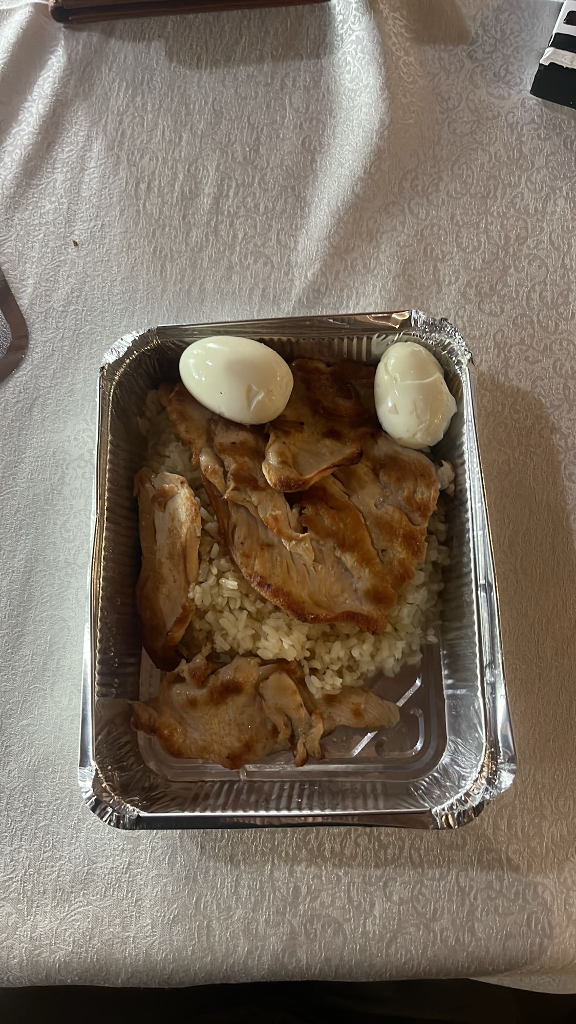 Chicken, rice, boiled eggs