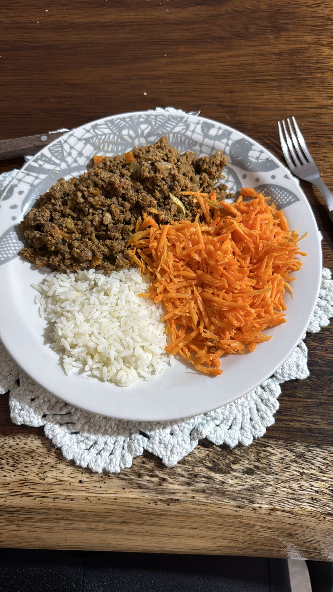 Arroz, carne moída e cenoura