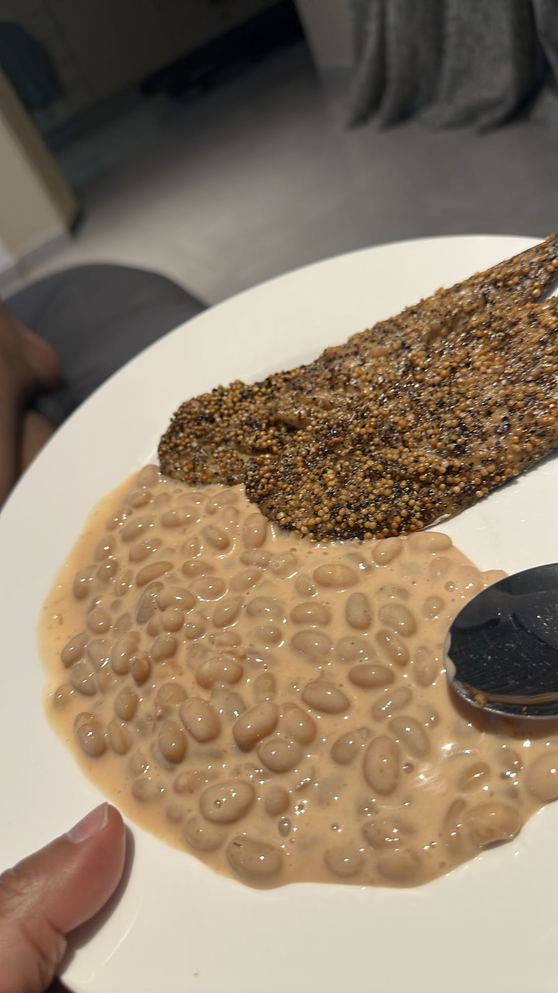 Baked beans and crusted fish